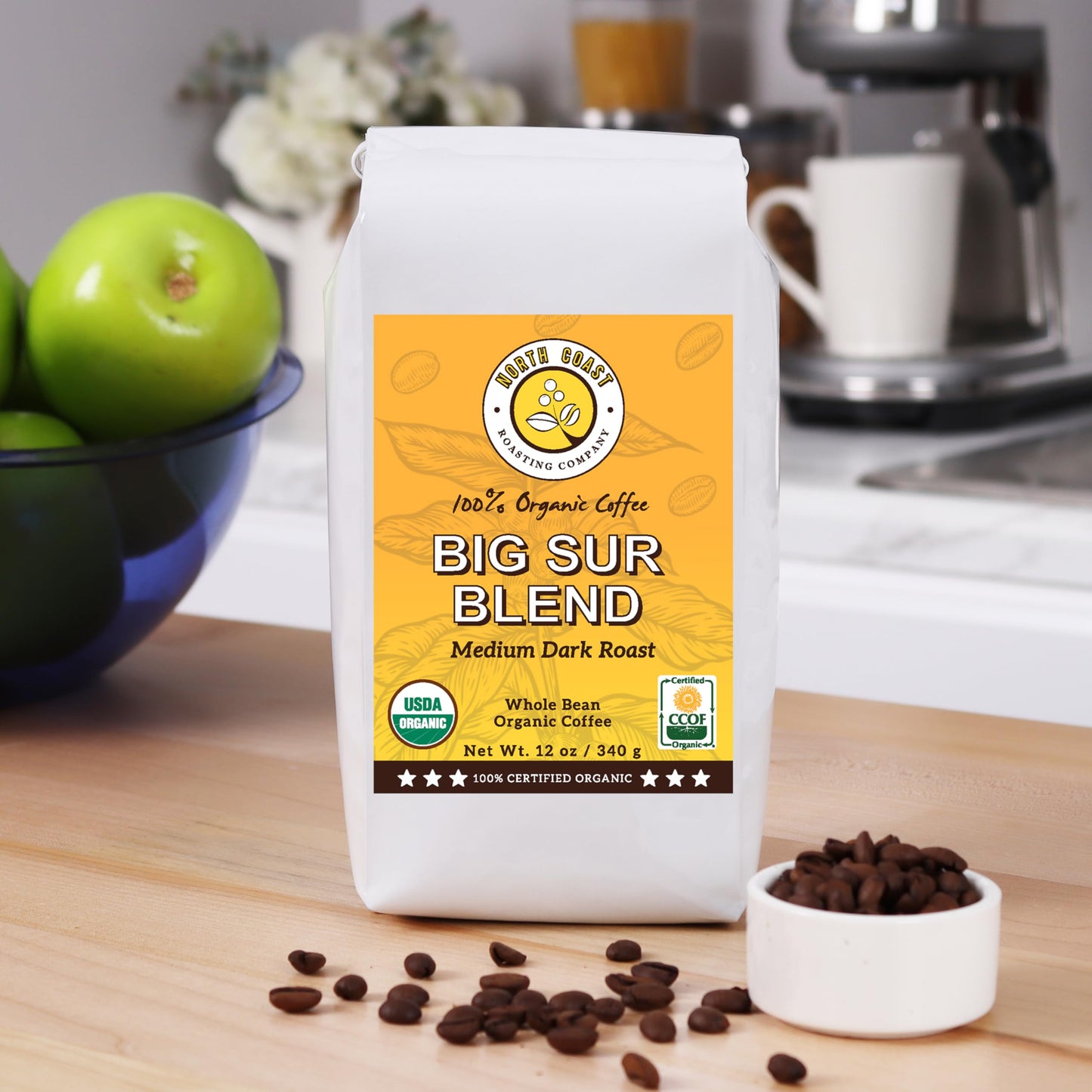 North Coast Roasting Company, Medium Dark Roast, Low Acid Organic Coffee, Whole Bean - Big Sur Blend, USDA Certified Organic Coffee Beans, 12 Ounce