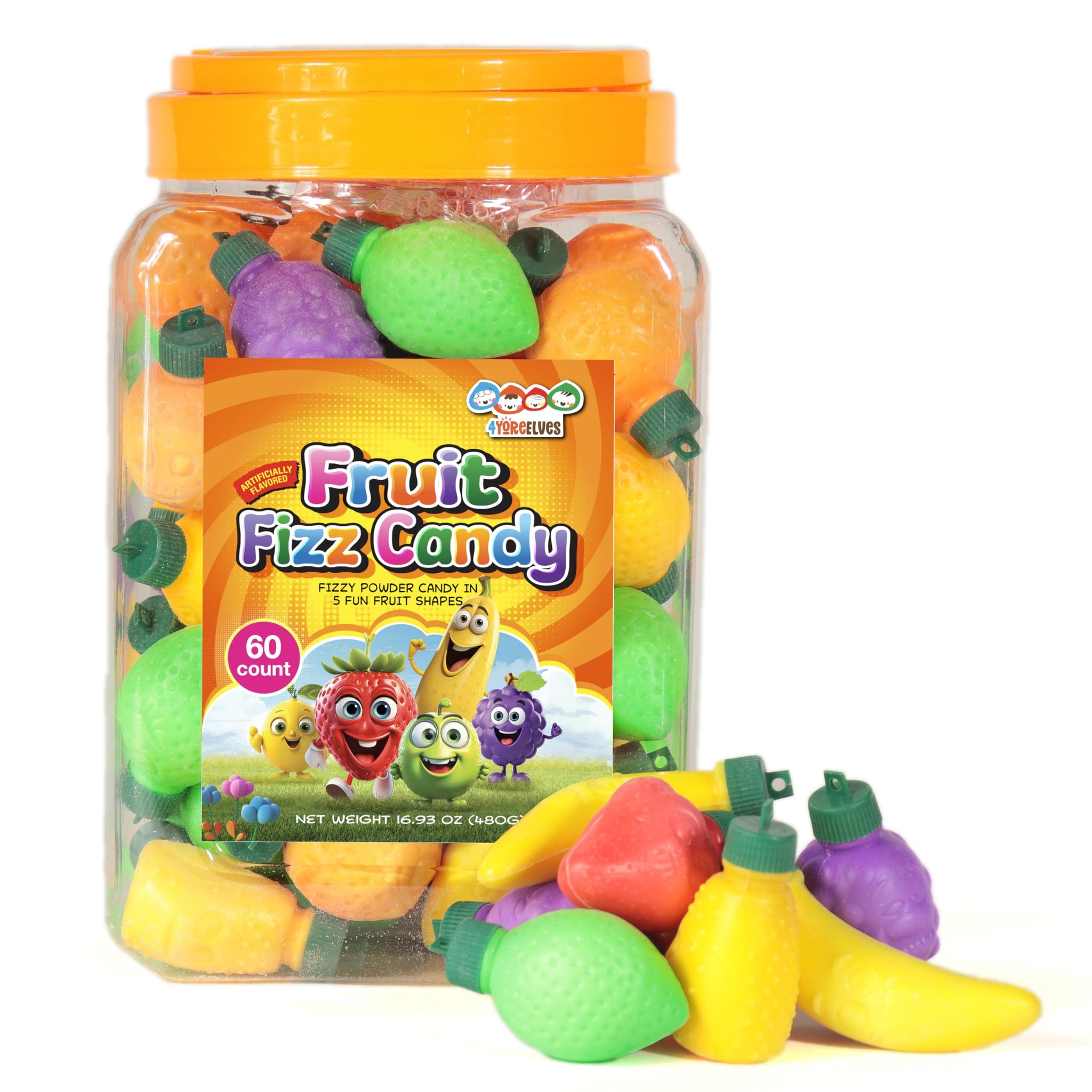 60 Fruit Shaped Fizzy Candy Powder, With Hanging Hole Caps for Decorative Stringing, Great for Hanging on Christmas Trees, Fun and Unique 90’s Retro