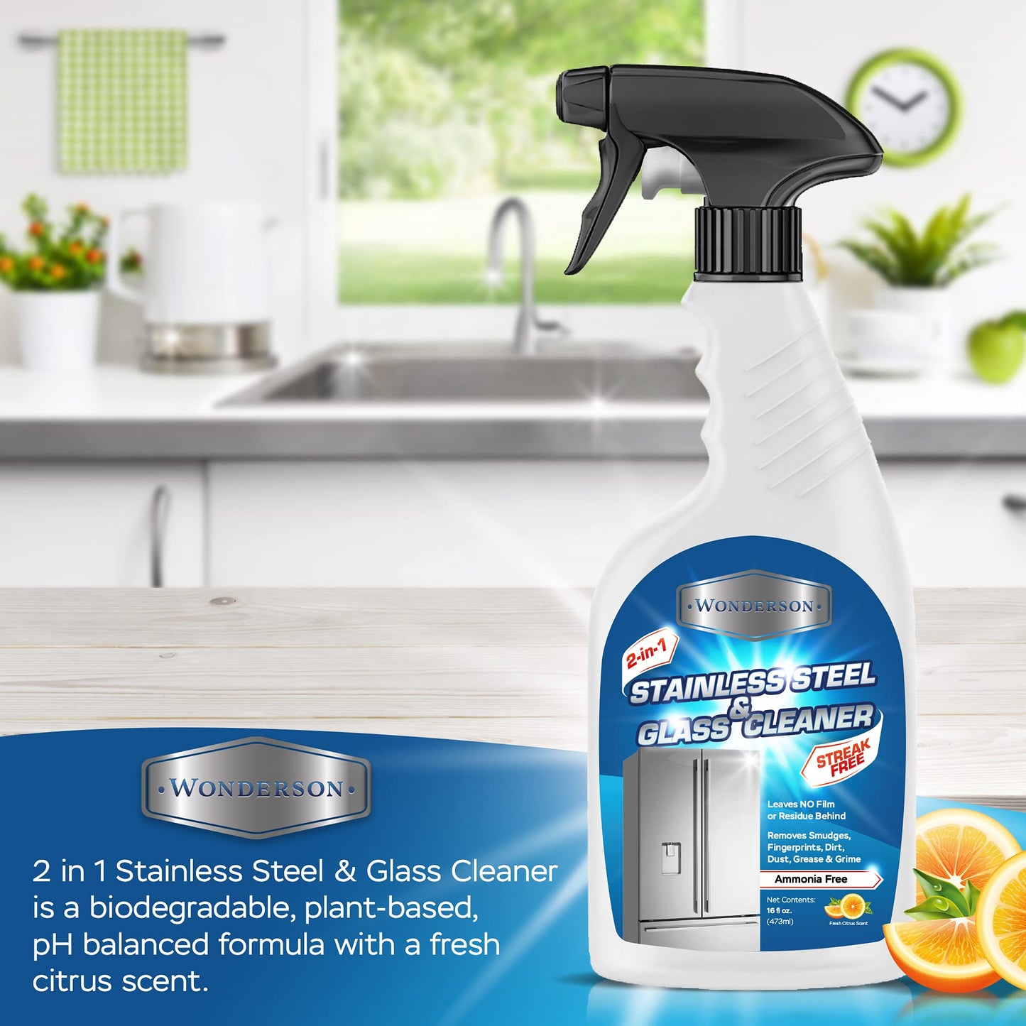 Wonderson 2-In-1 Stainless Steel & Glass Cleaner 16 Ounces - For Use On Appliances, Countertops, Sinks, Stovetops, Dishwashers, Windows, Bathrooms