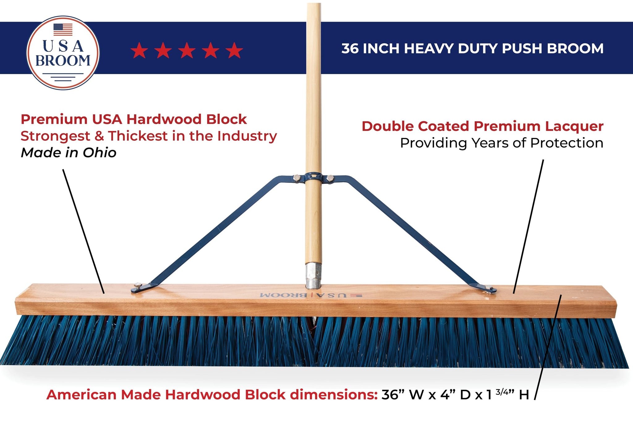 36" Heavy Duty Outdoor Push Broom with 60" Handle. Ideal for Asphalt, Concrete & Heavy Debris. Durable American Made Steel Brackets-Stainless Steel
