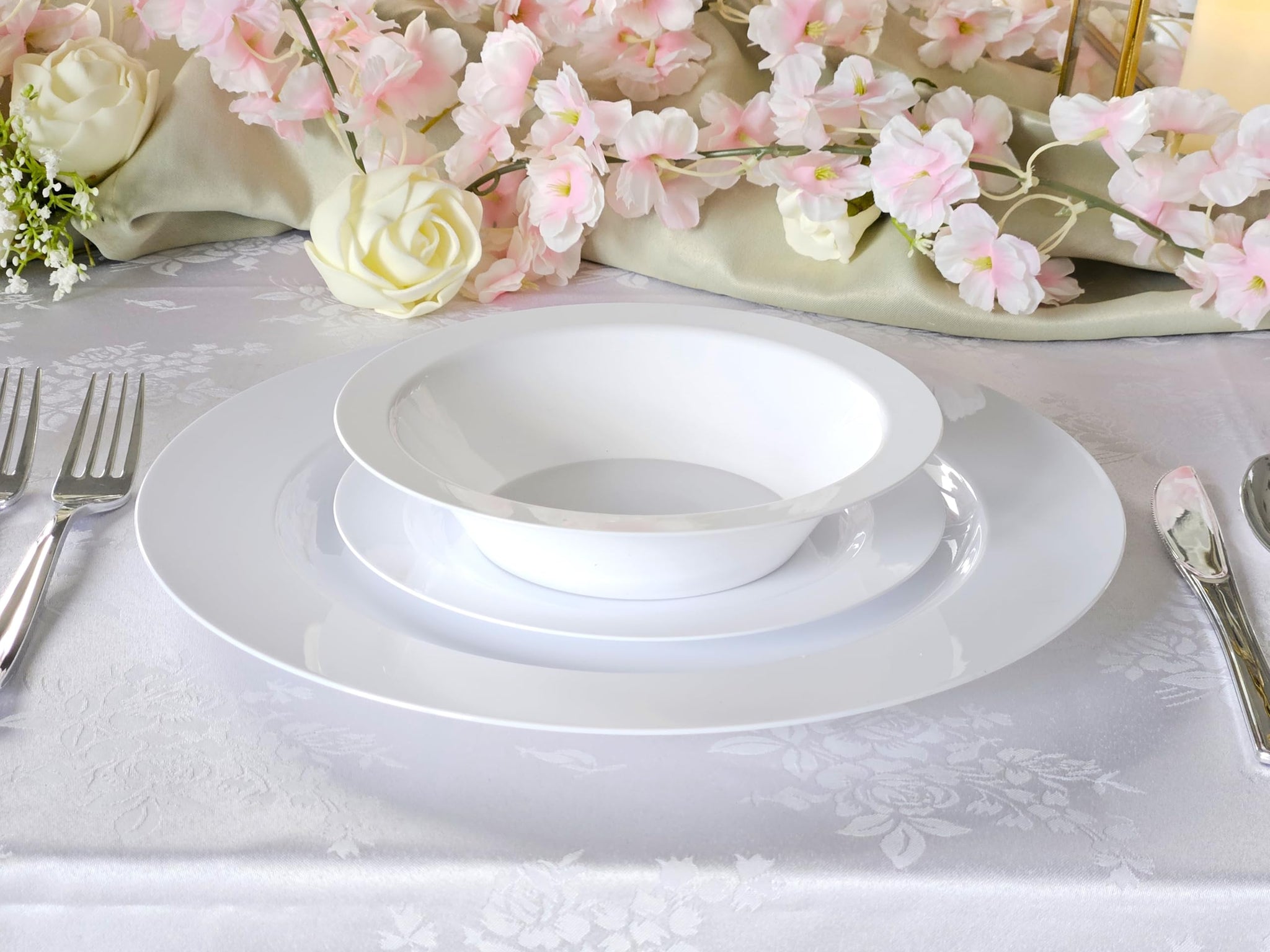 OCCASIONS 120 Piece Disposable Charger Plates Bulk - 12 Inch Heavyweight Plastic Plate Chargers for Weddings, Parties, Events - Elegant White Chargers