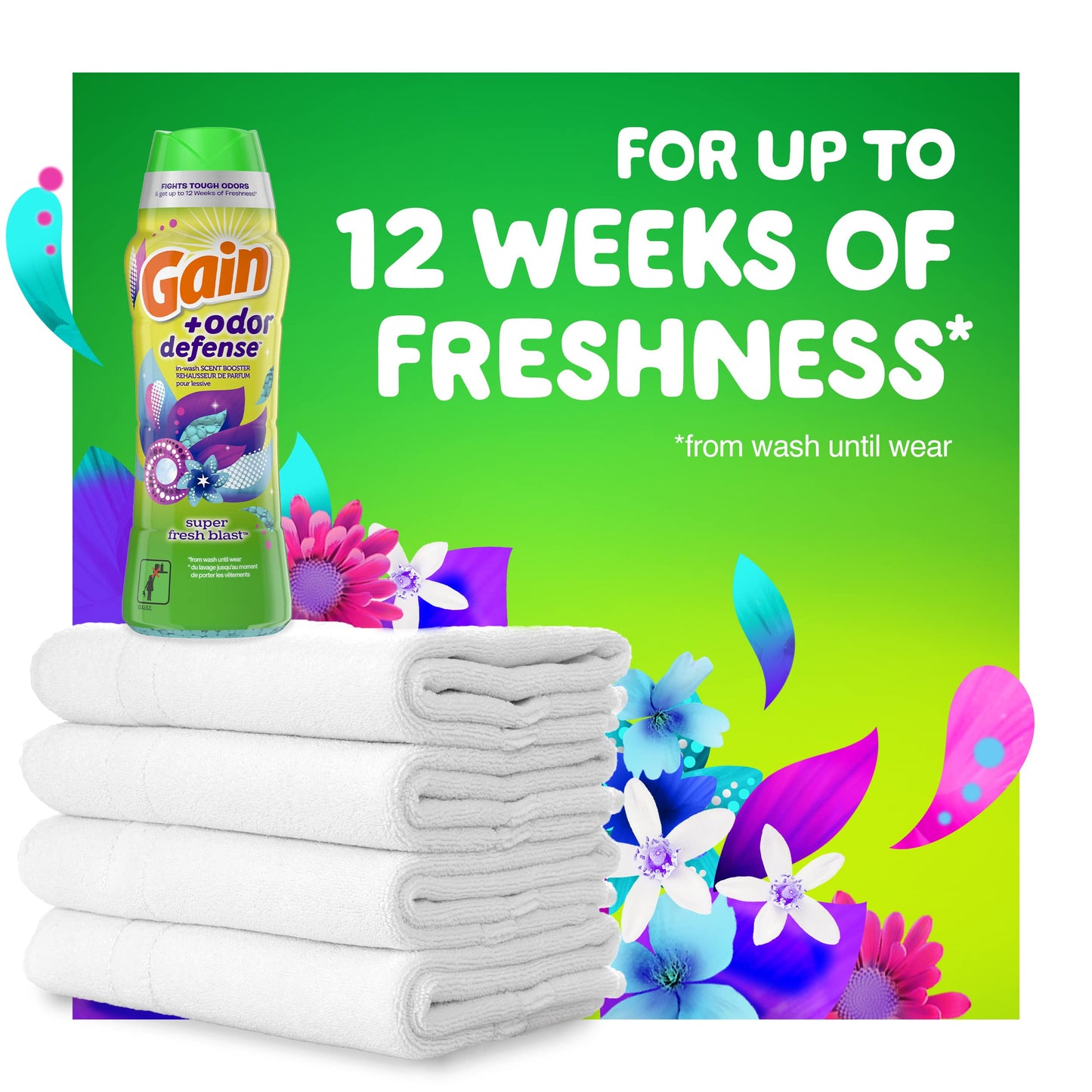 Gain + Odor Defense Laundry Scent Booster Beads for Washer, Super Fresh Blast Scent, 20.1 oz, HE Compatible