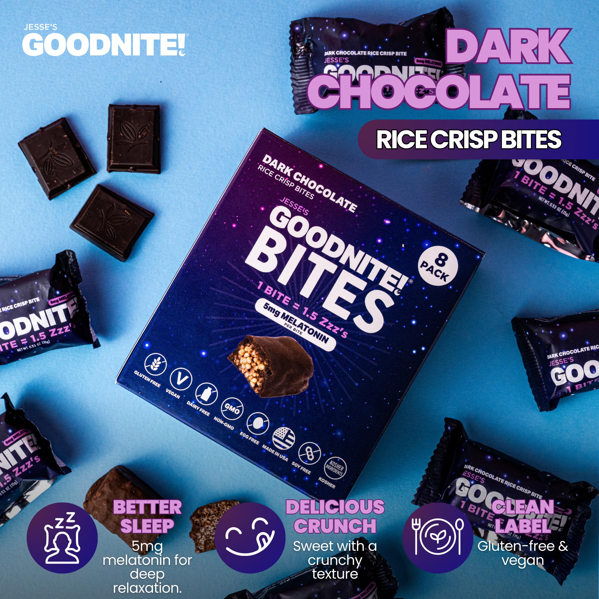 GOODNITE Sleep Bites - 5mg Melatonin + L-Theanine Dark Chocolate Mini Bites - Relaxing Bedtime Snack - No Morning Grogginess - Vegan Gluten-Free - 8