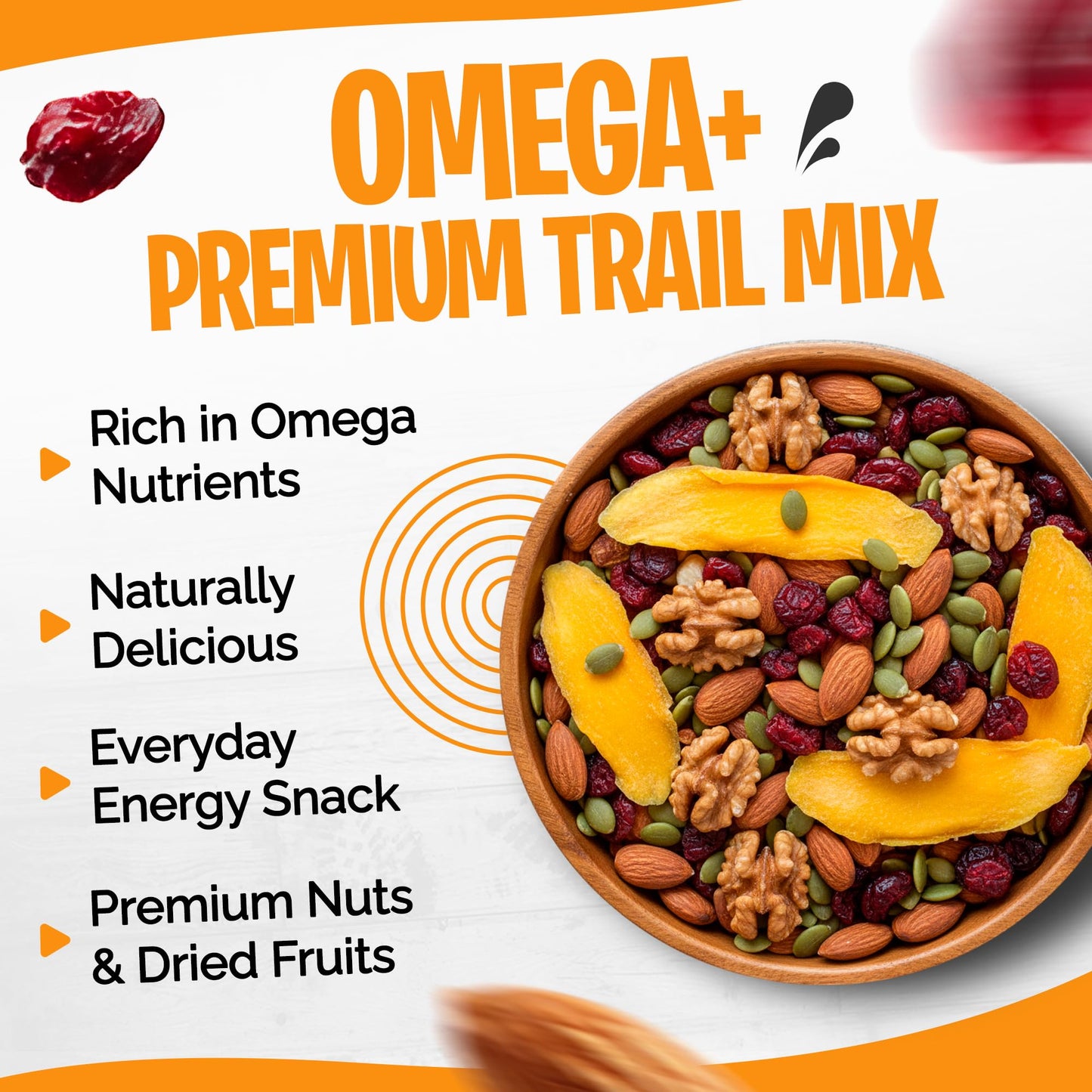 Tidbit Peanut Free Healthy Trail Mix with Almonds, Walnuts, Pumpkin Seeds, Dried Mango & Cranberries - Mixed Nuts with Omega Energy, Vegan Gluten Free