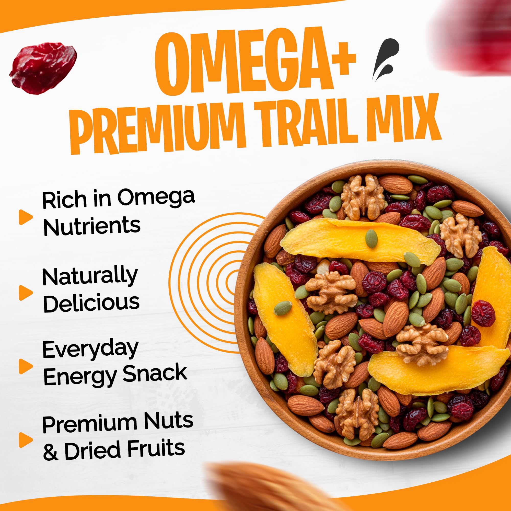 Tidbit Peanut Free Healthy Trail Mix with Almonds, Walnuts, Pumpkin Seeds, Dried Mango & Cranberries - Mixed Nuts with Omega Energy, Vegan Gluten Free