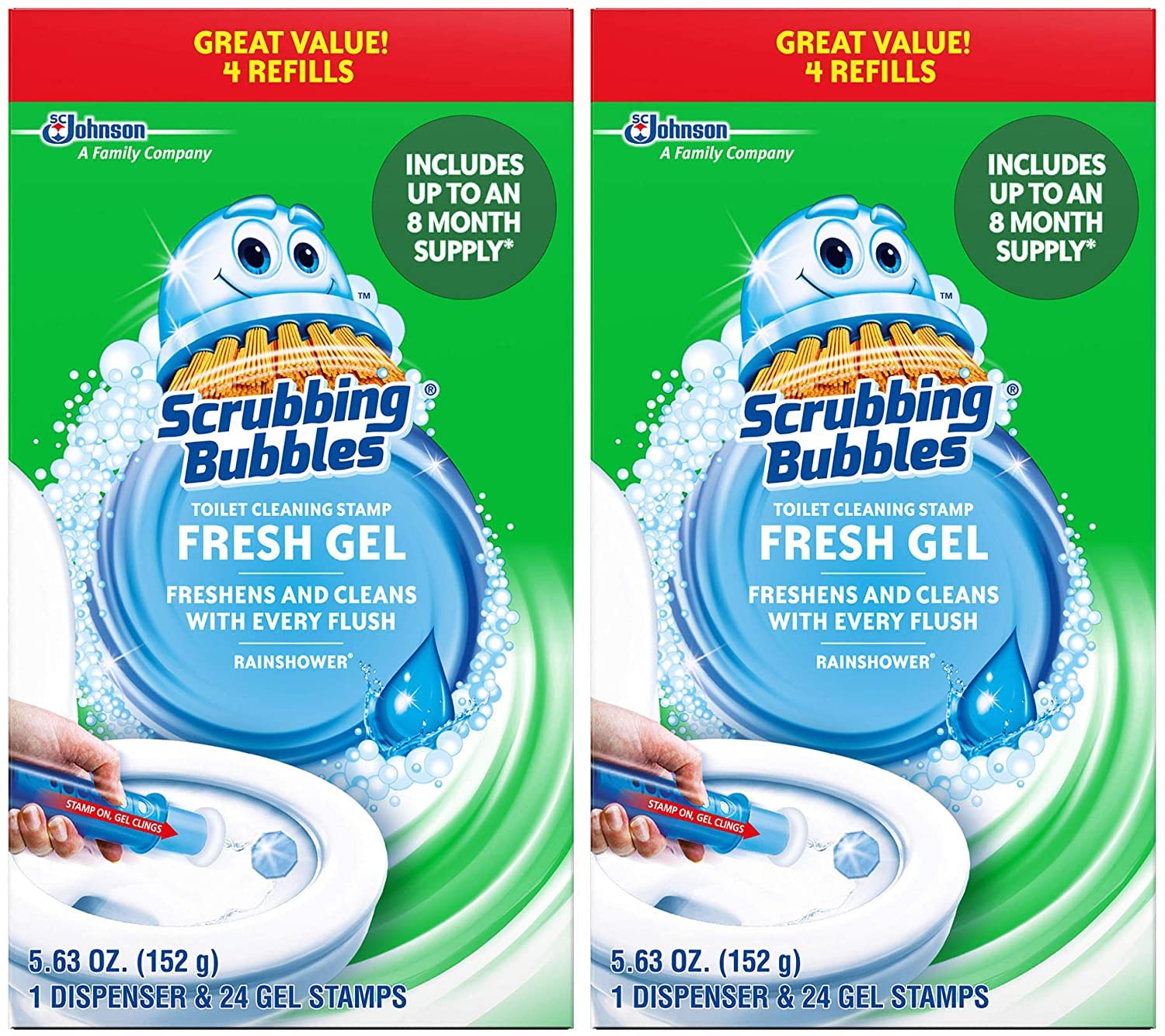 Mega Value Scrubbing Bubbles Toilet Cleaning Gel Fresh, 2 Dispensers, 8 Refills, 48 Gel Stamps, 10.72oz