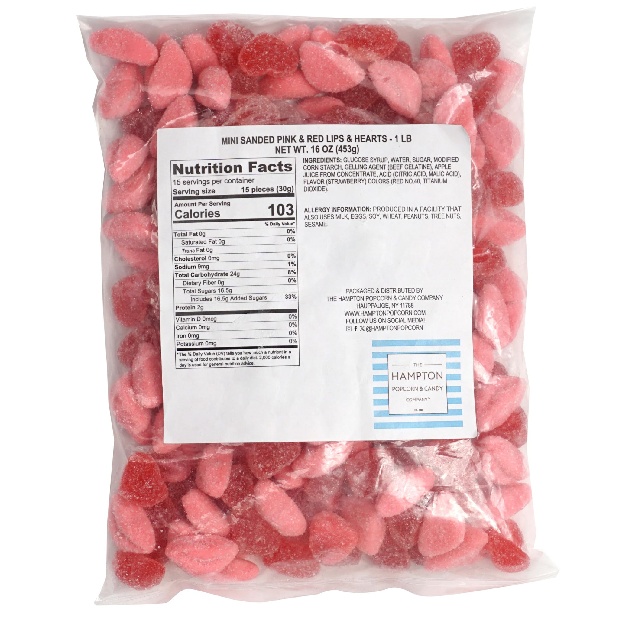 Mini Sanded Pink & Red Lips and Hearts, 1 Pound Bulk Bag, Valentines Candy, The Hampton Candy Company