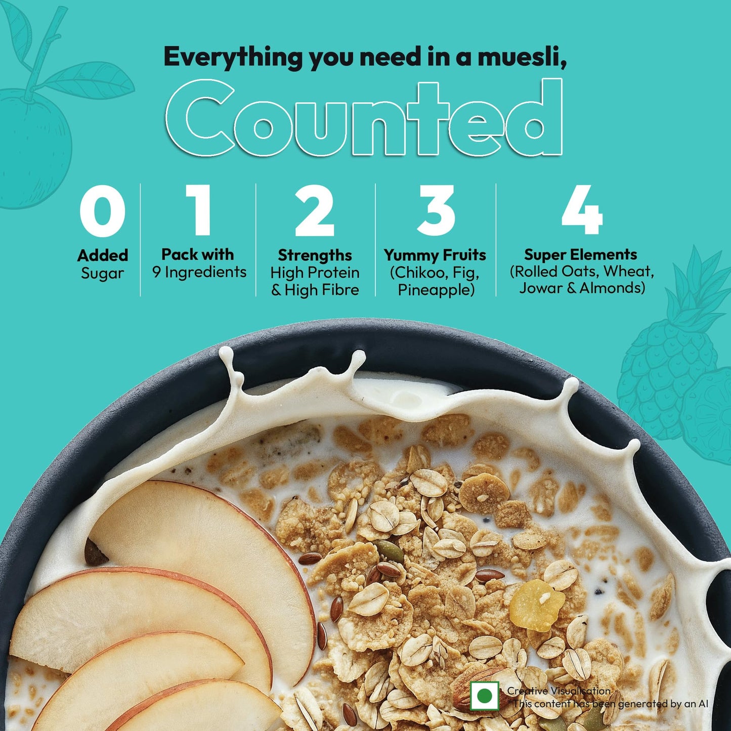 True Elements Muesli Sugar Free 1kg - Packed with 13.5g Plant Protein | Breakfast Cereal | No Added Sugar