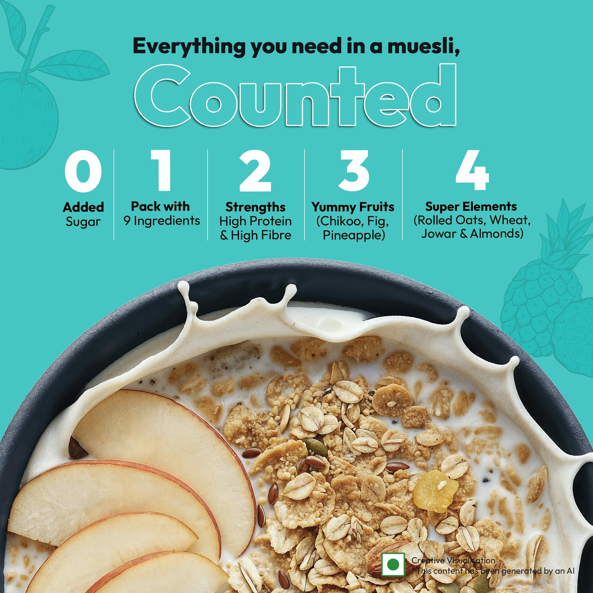 True Elements Muesli Sugar Free 1kg - Packed with 13.5g Plant Protein | Breakfast Cereal | No Added Sugar