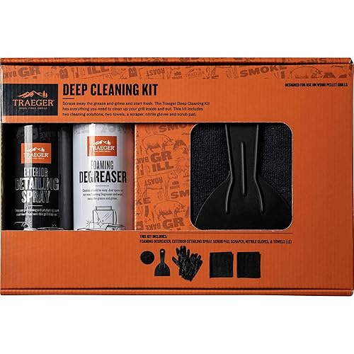 Traeger Grills Deep Cleaning Kit - Exterior Detailing Spray (16oz), Foaming Degreaser (16oz), Grill Scraper & Pad, Microfiber Towels, Nitrile Gloves