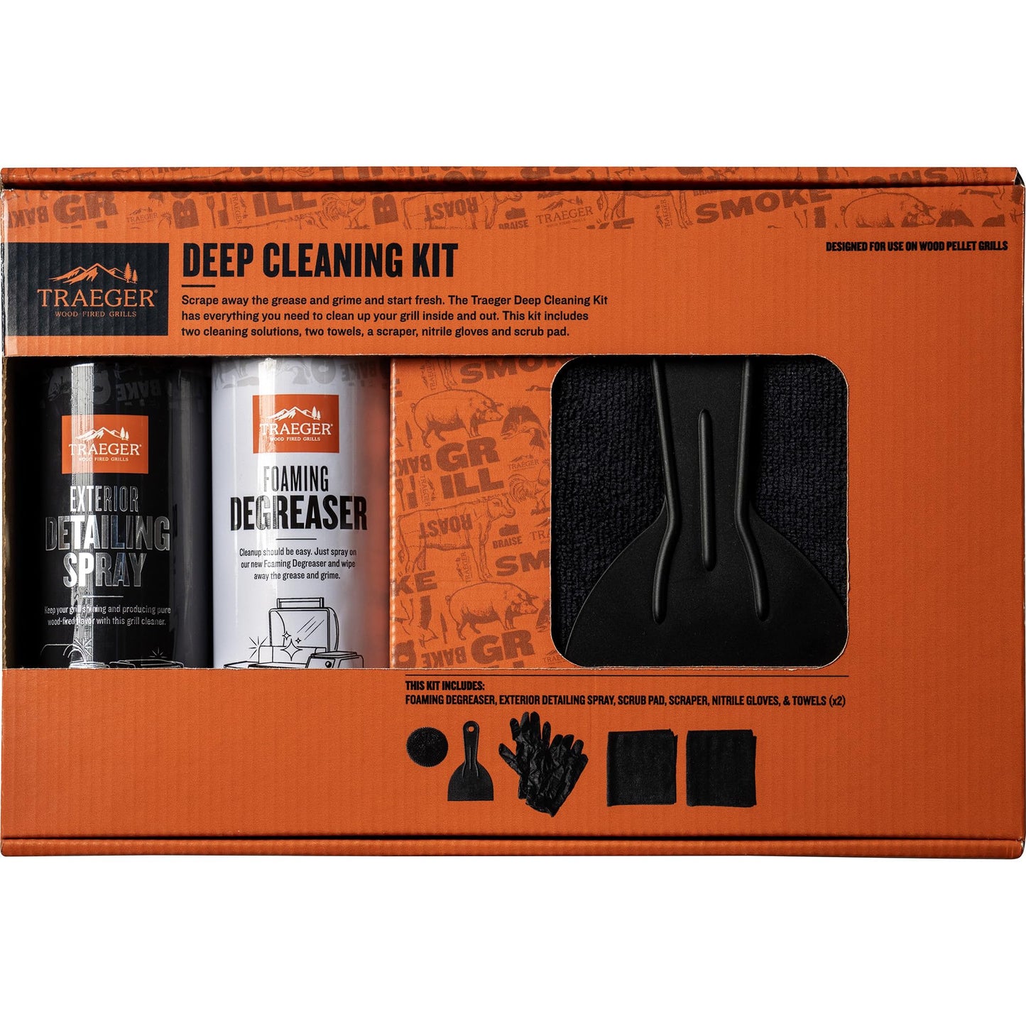 Traeger Grills Deep Cleaning Kit - Exterior Detailing Spray (16oz), Foaming Degreaser (16oz), Grill Scraper & Pad, Microfiber Towels, Nitrile Gloves