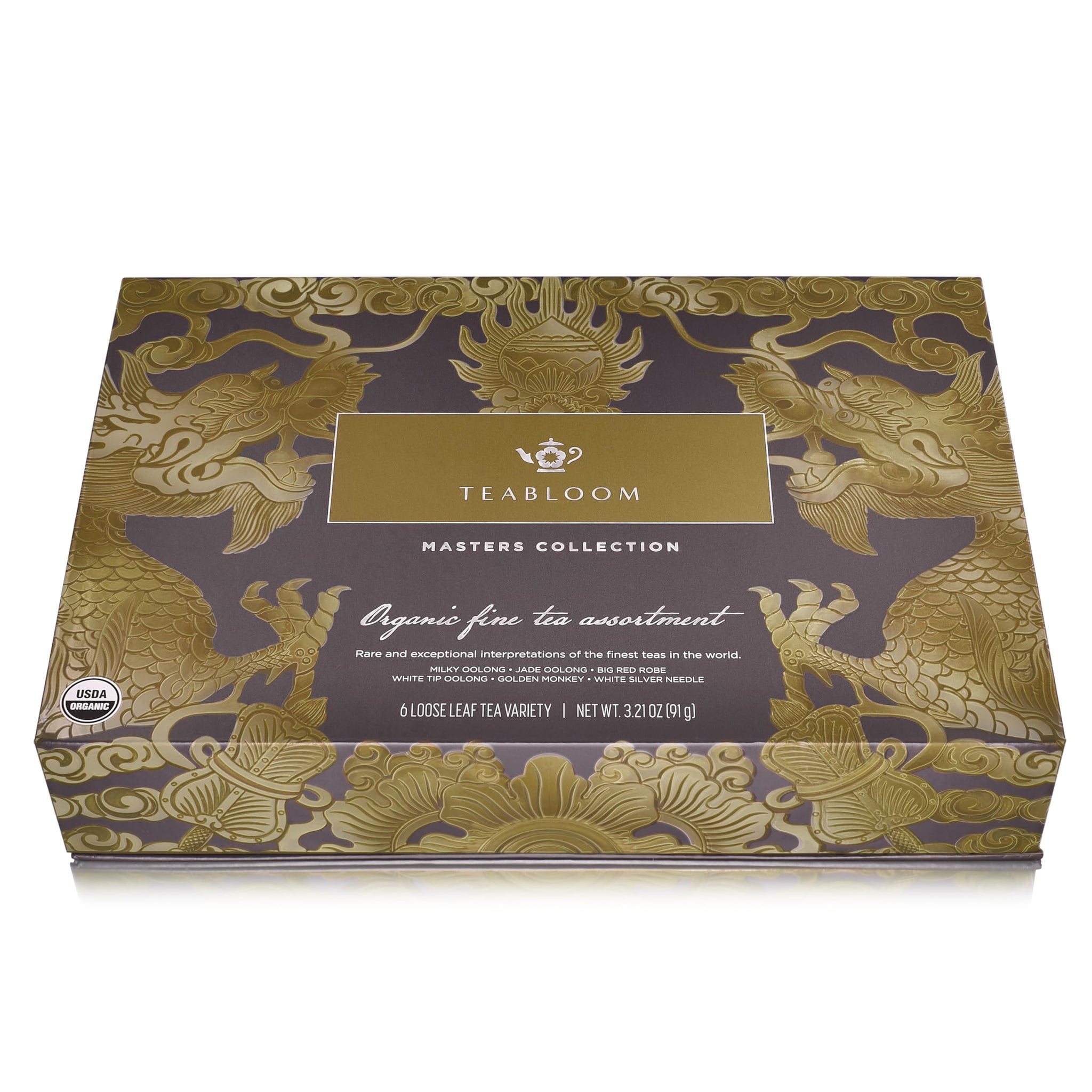 Teabloom Masters Collection - Six Rare Single-Origin Organic Loose Leaf Teas - Milky Oolong, White Silver Needle, Big Red Robe, Golden Monkey, Jade