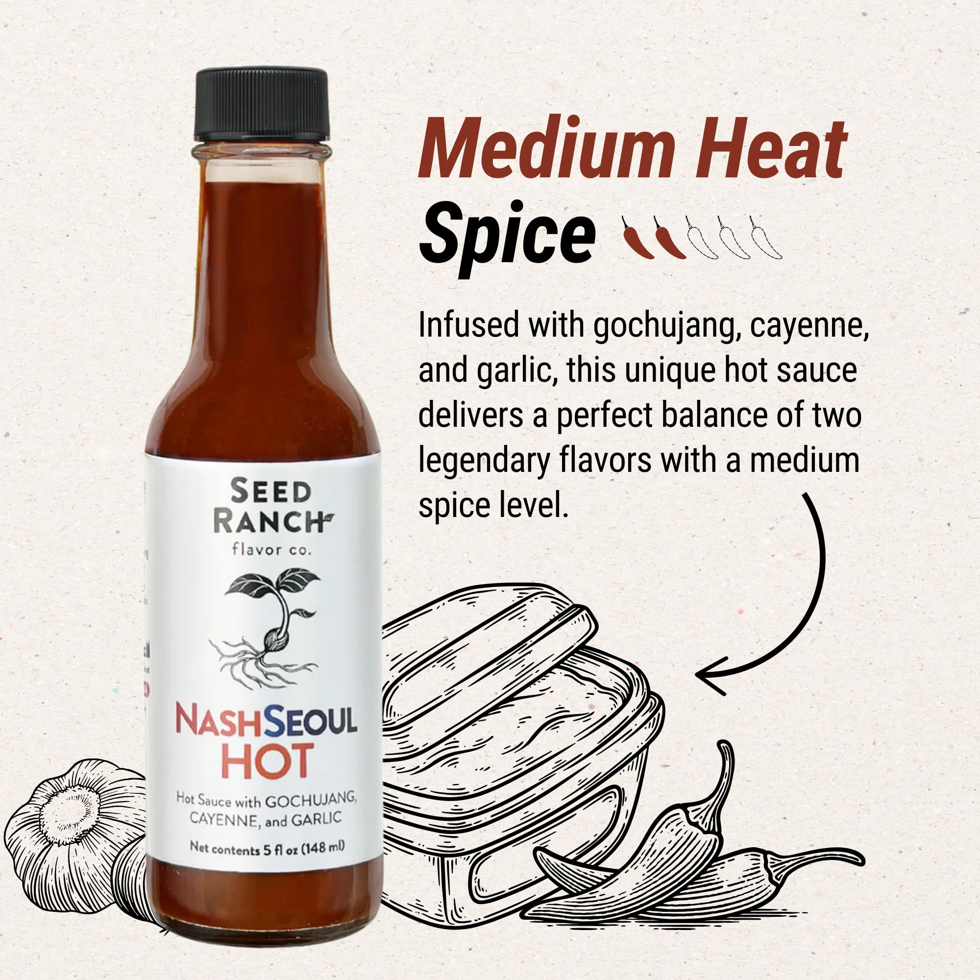 Seed Ranch NashSeoul Hot Sauce - Blend of Nashville & Korean Hot Sauce, Sweet & Spicy, Medium Spice Level, Perfect for Rice Bowls, Veggies, Wings