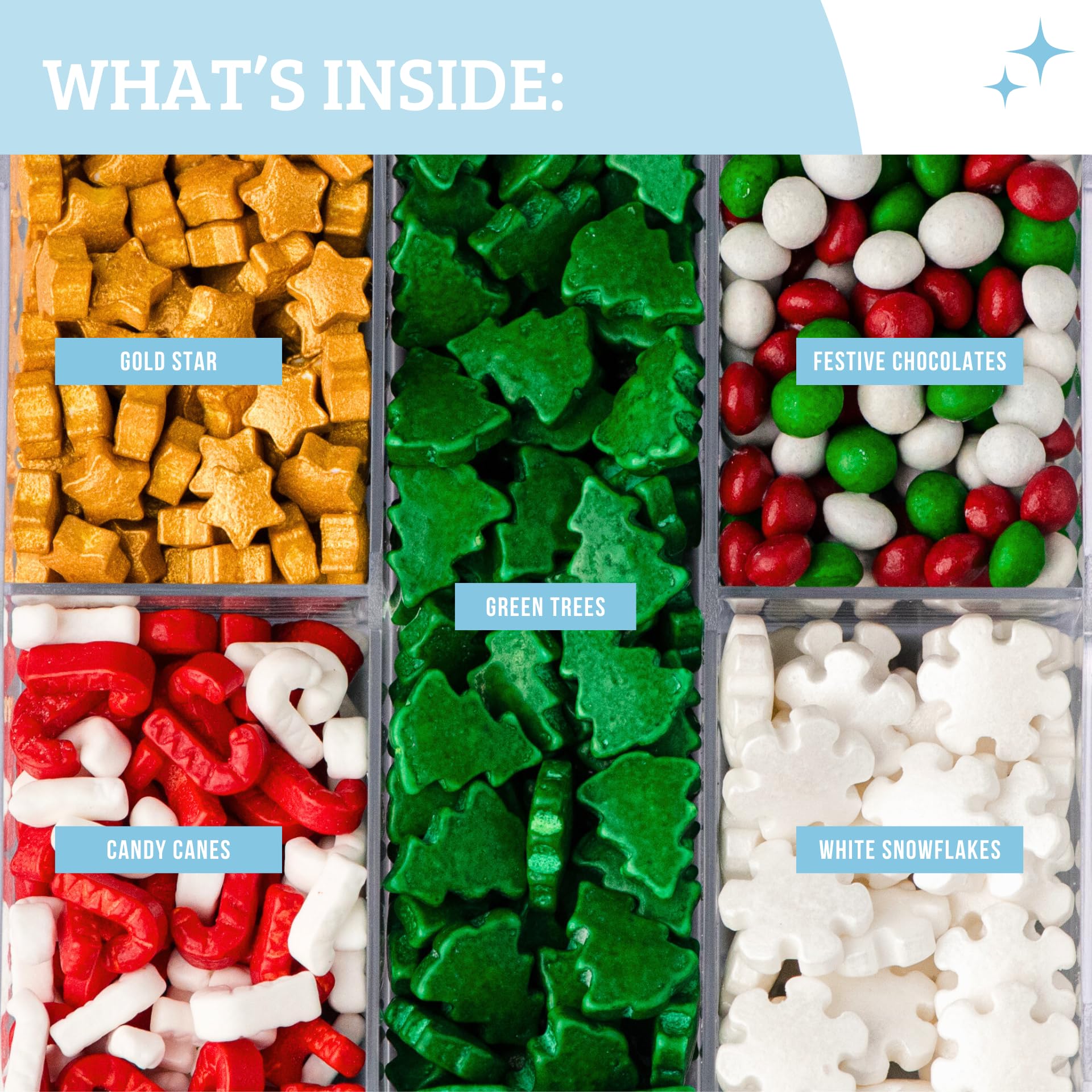 Sweets Indeed Christmas Sprinkle Tackle Box - 2.53 oz | Festive Holiday Sprinkles with Gold Stars, Green Trees, Candy Canes, White Snowflakes