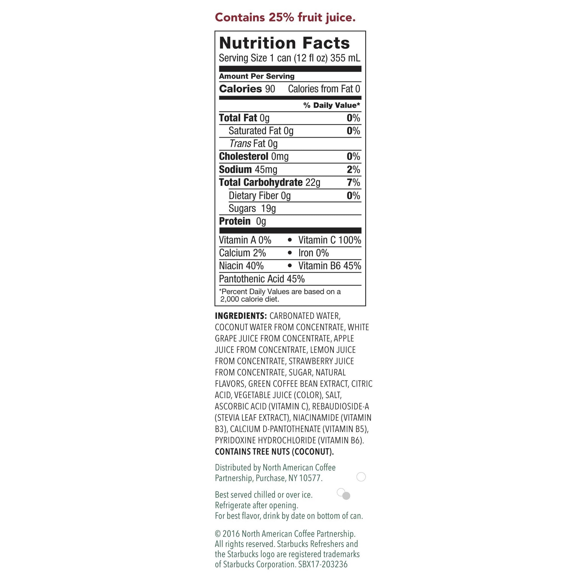 Starbucks, Refreshers with Coconut Water, Strawberry Lemonade, 12 fl Oz. Cans (12 Pack)