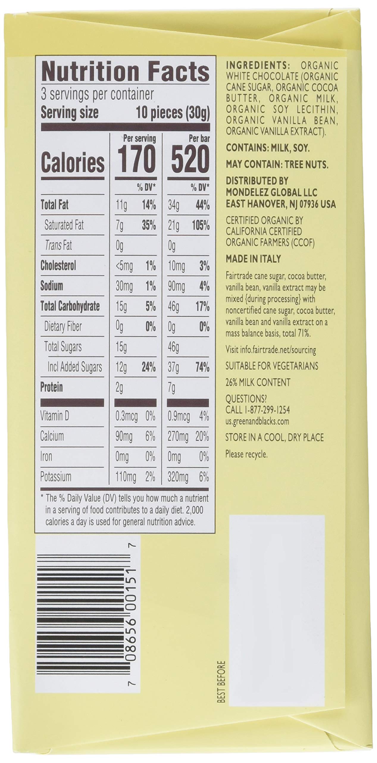 Green & Black's Organic White Chocolate Bars, 30% Cacao, 10 - 3.17 Oz Bars,, 10Count