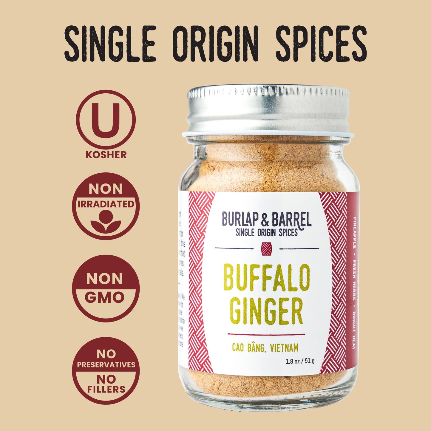 Burlap & Barrel Buffalo Ginger - Spicy, Fruity and Intense Heirloom Ginger Powder with a Bite - Add to Stir Fries, Soups, and Teas - 1.8oz Glass Jar