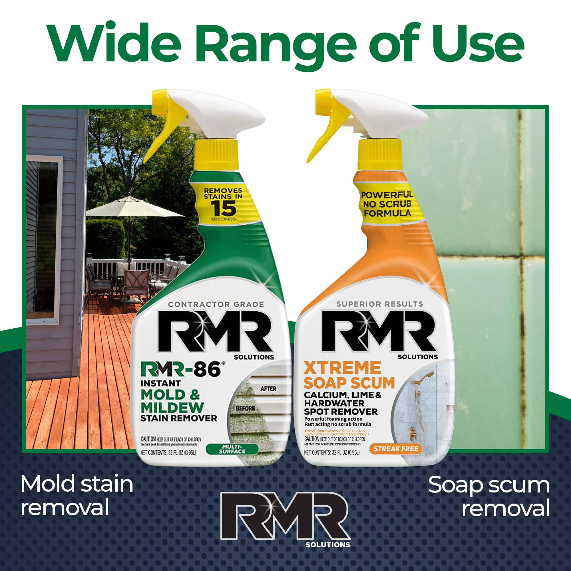 RMR Instant Mold & Mildew Stain Remover Spray + Xtreme Soap Scum Remover, No-Scrub Indoor/Outdoor Cleaning System for Bathroom, Shower, Siding