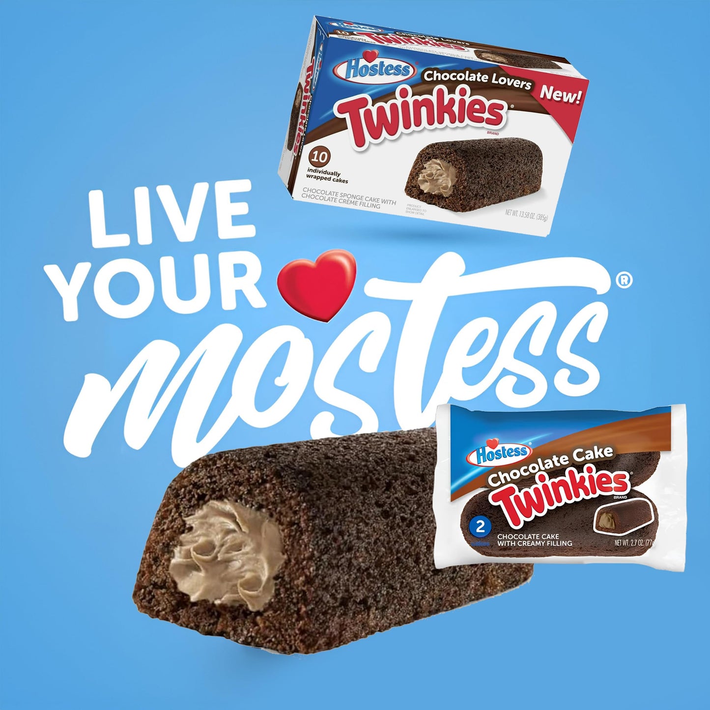 Hostess Chocolate Cake Twinkies, 10-Count Individually Wrapped Chocolate Sponge Cake Snack with Creamy Filling, Mini Cakes for On-The-Go Snacking