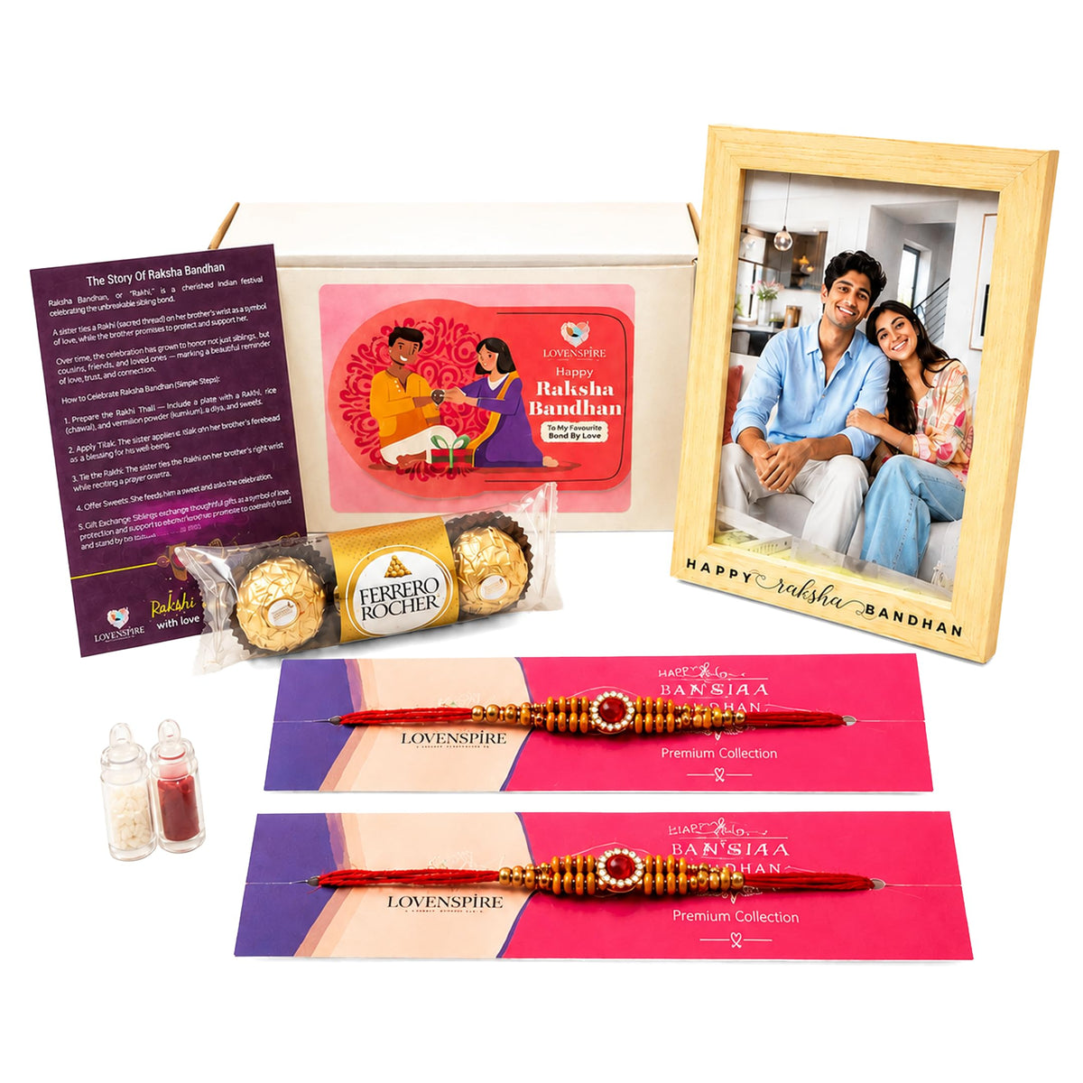 LOVENSPIRE Designer Rakhi Gift Hamper for Brother & Bhabhi - Adjustable Rakhi Bracelet with Customizable Photo Frame, Chocolates, Roli Chawal & Card