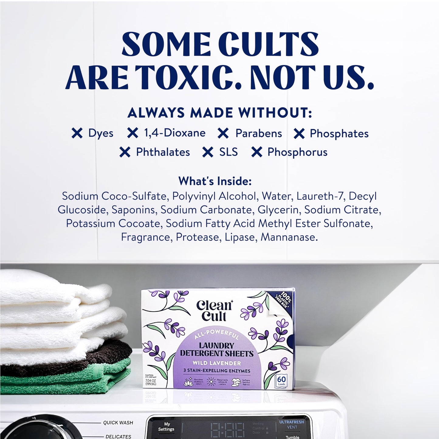 Cleancult Laundry Detergent Sheets - Resealable Box - 3 Stain Fighting Enzymes - Wild Lavender - 60 Loads - Free of Harsh Chemicals - No Mess - No