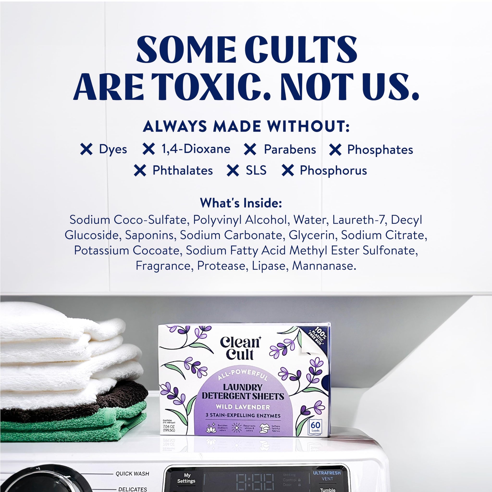 Cleancult Laundry Detergent Sheets - Resealable Box - 3 Stain Fighting Enzymes - Wild Lavender - 60 Loads - Free of Harsh Chemicals - No Mess - No