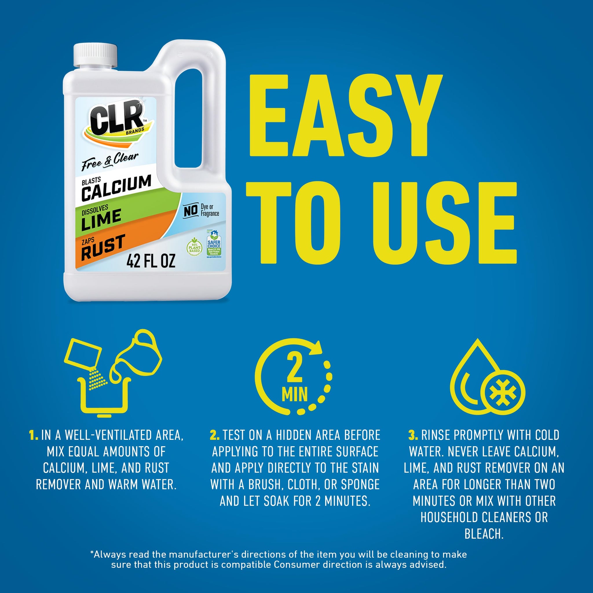 CLR Brands Calcium, Lime & Rust Remover Free & Clear, No Dyes or Fragrances, Gentle Lime and Bathroom Descaler, Removes Hard Water Stains and Rust