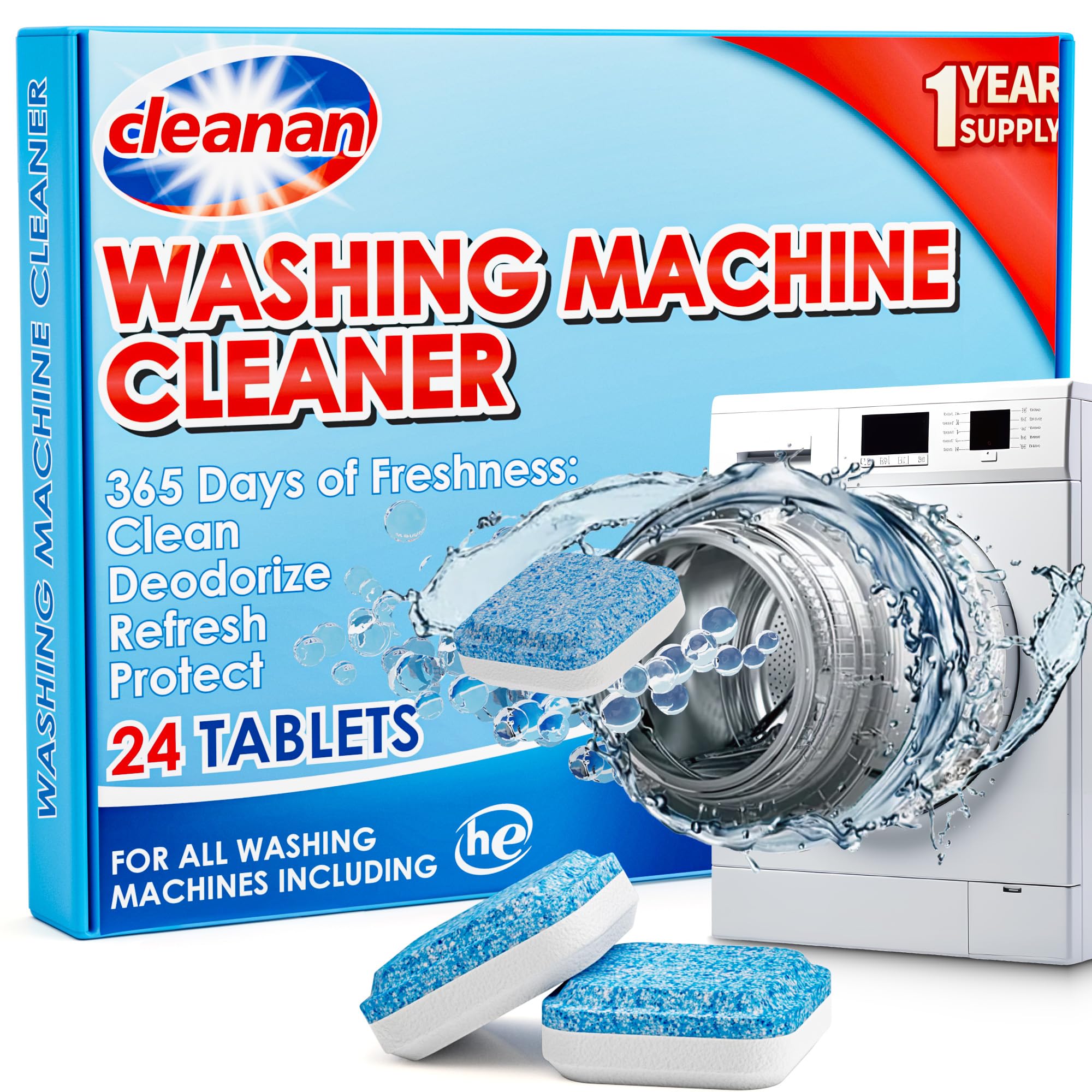 Washing Machine Cleaner Tablets - 24 Pack for Year-Round Deep Clean of Washer Machine, Suitable for HE, Top Load & Front Load Washer Cleaner, Grime