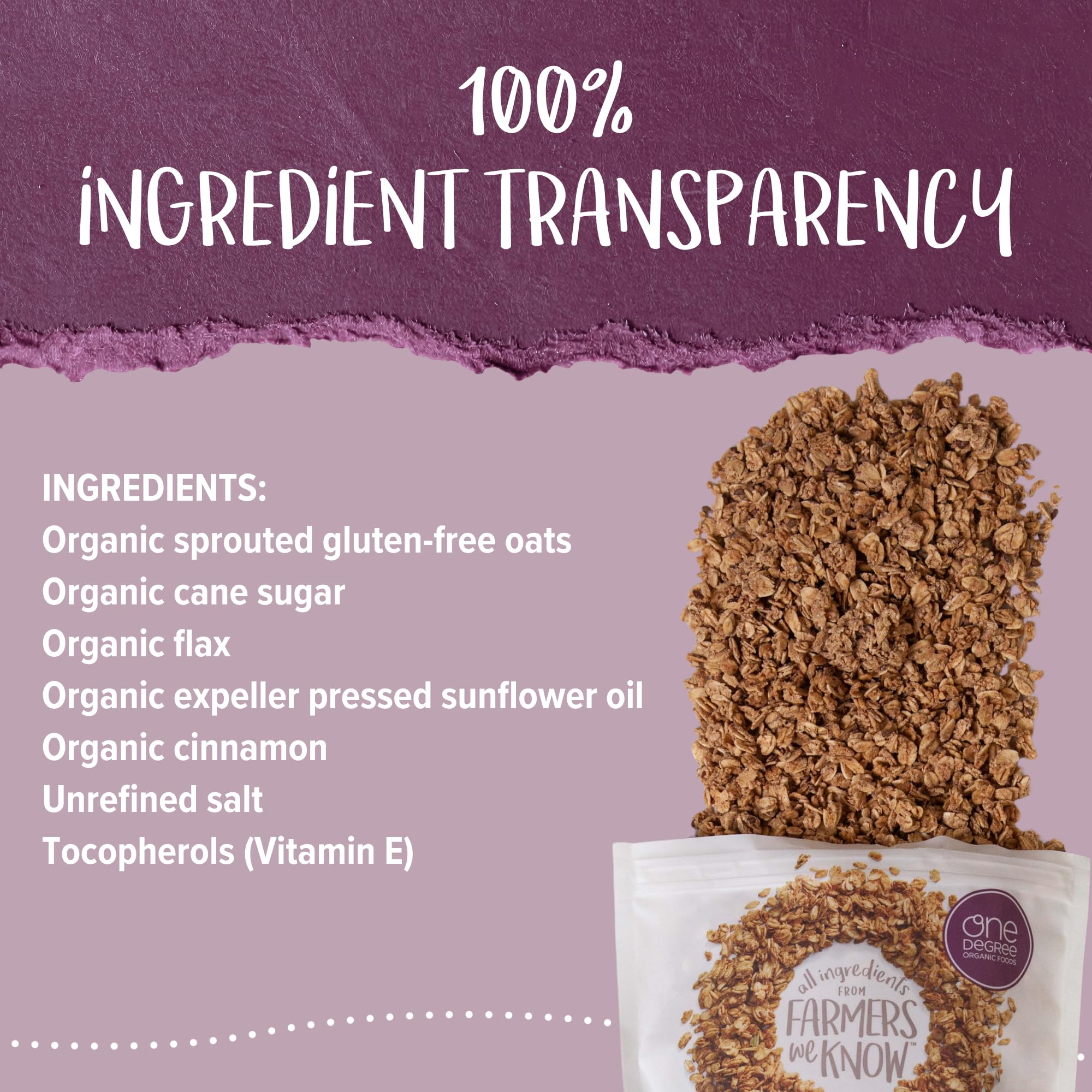 One Degree Organics Sprouted Oat Cinnamon Flax Granola Cereal, Glyphosate-Free, USDA Organic, Gluten-Free, Non-GMO, Vegan, Yogurt Smoothie Bowl
