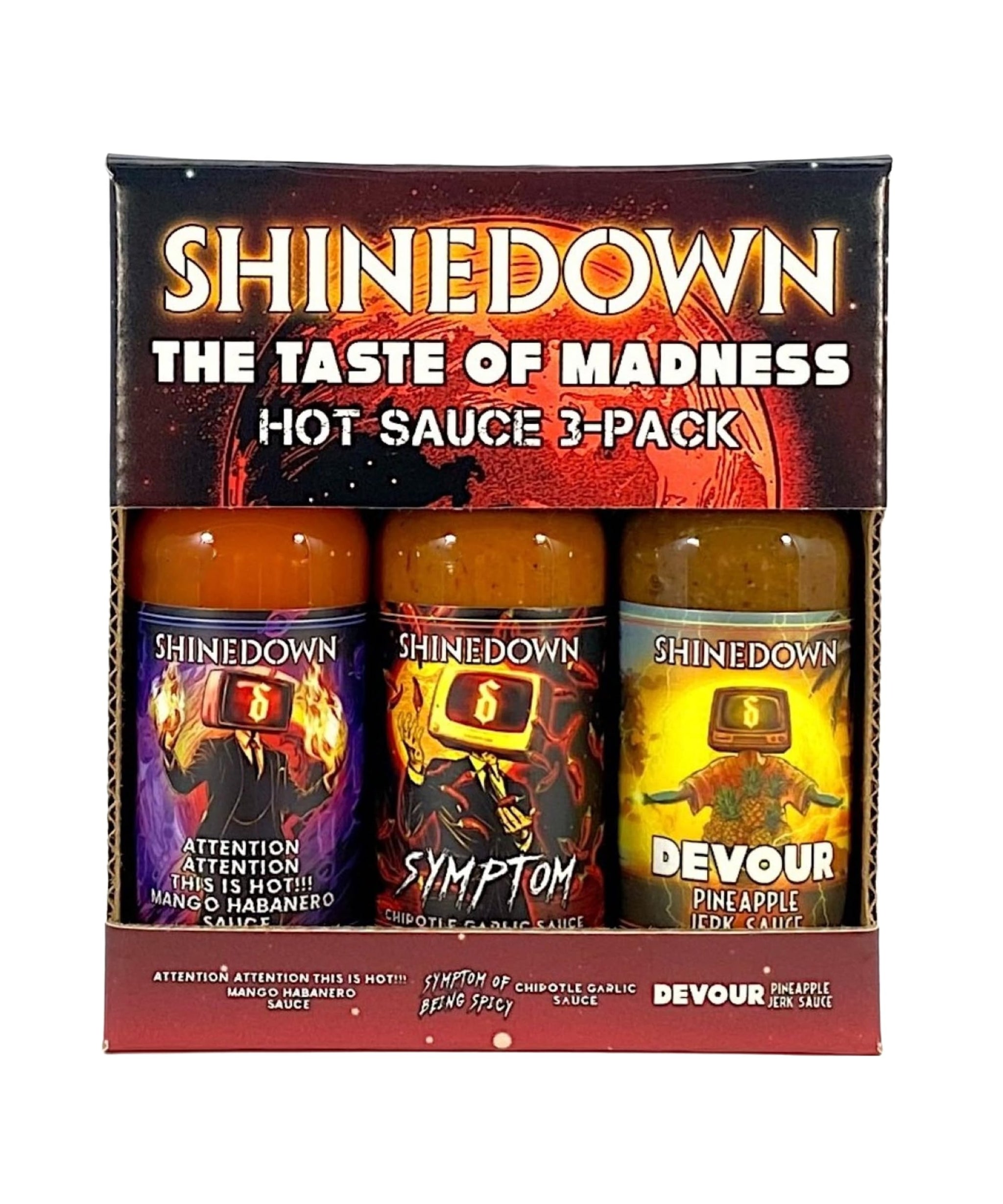 Shinedown Mini Hot Sauce Variety Pack Gift Set, Taste Of Madness 3pc 1.75 oz - Symptom, Devour, Attention Attention This Is Hot - All Natural Hot