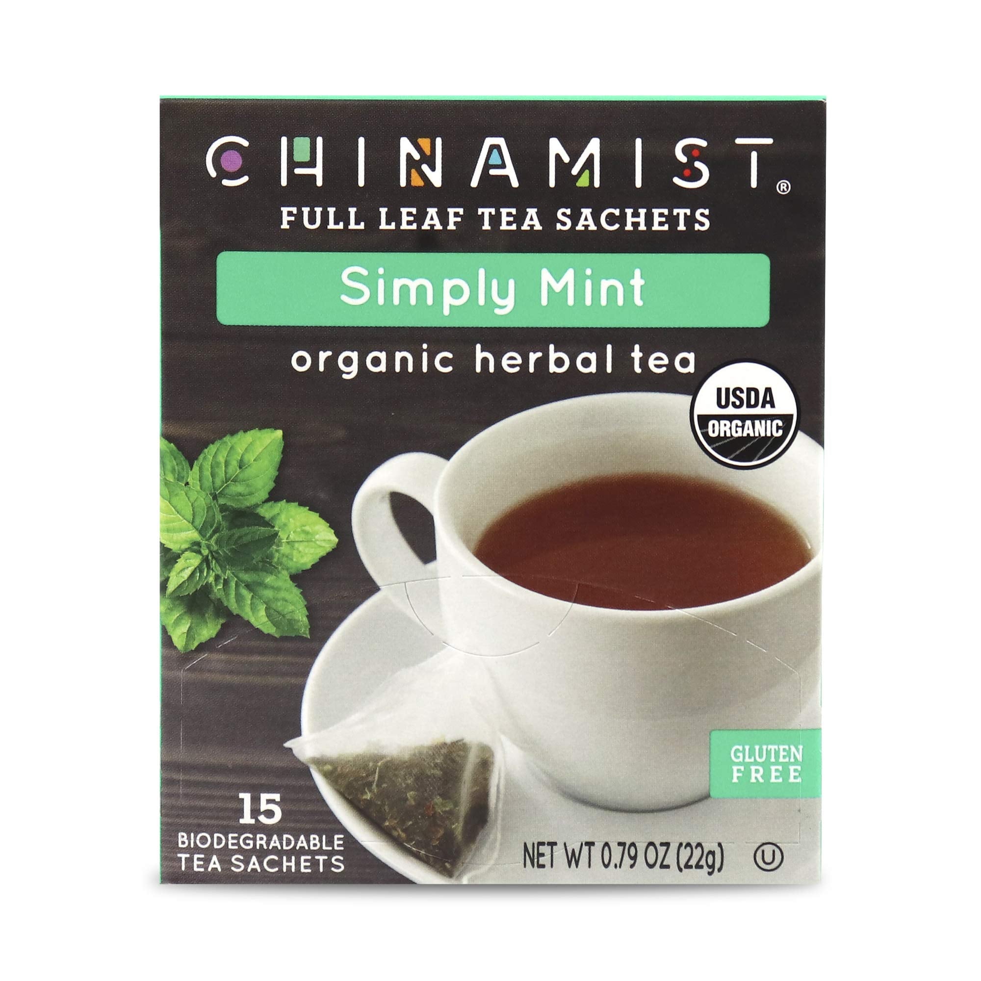CHINAMIST Simply Mint Herbal Tea Sachets, Organic Peppermint & Spearmint, Caffeine Free, Full Leaf, Biodegradable Sachets, 15 Count (Pack of 1)