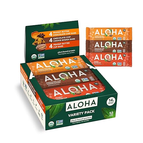 ALOHA Organic Plant Based Protein Bars - 3 Flavor Variety Pack - 12 Count, 1.98oz Bars - Vegan Snacks, Low Sugar, Gluten-Free, Low Carb, Paleo