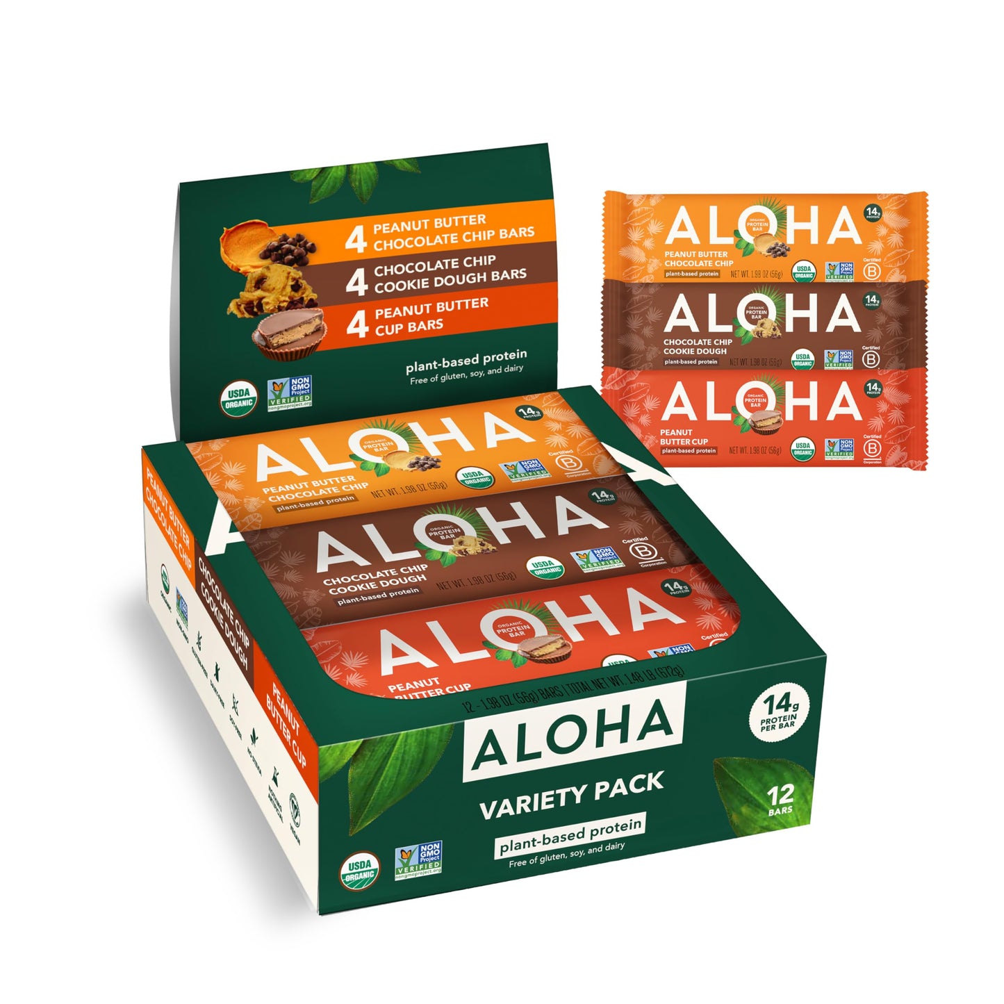 ALOHA Organic Plant Based Protein Bars - 3 Flavor Variety Pack - 12 Count, 1.98oz Bars - Vegan Snacks, Low Sugar, Gluten-Free, Low Carb, Paleo