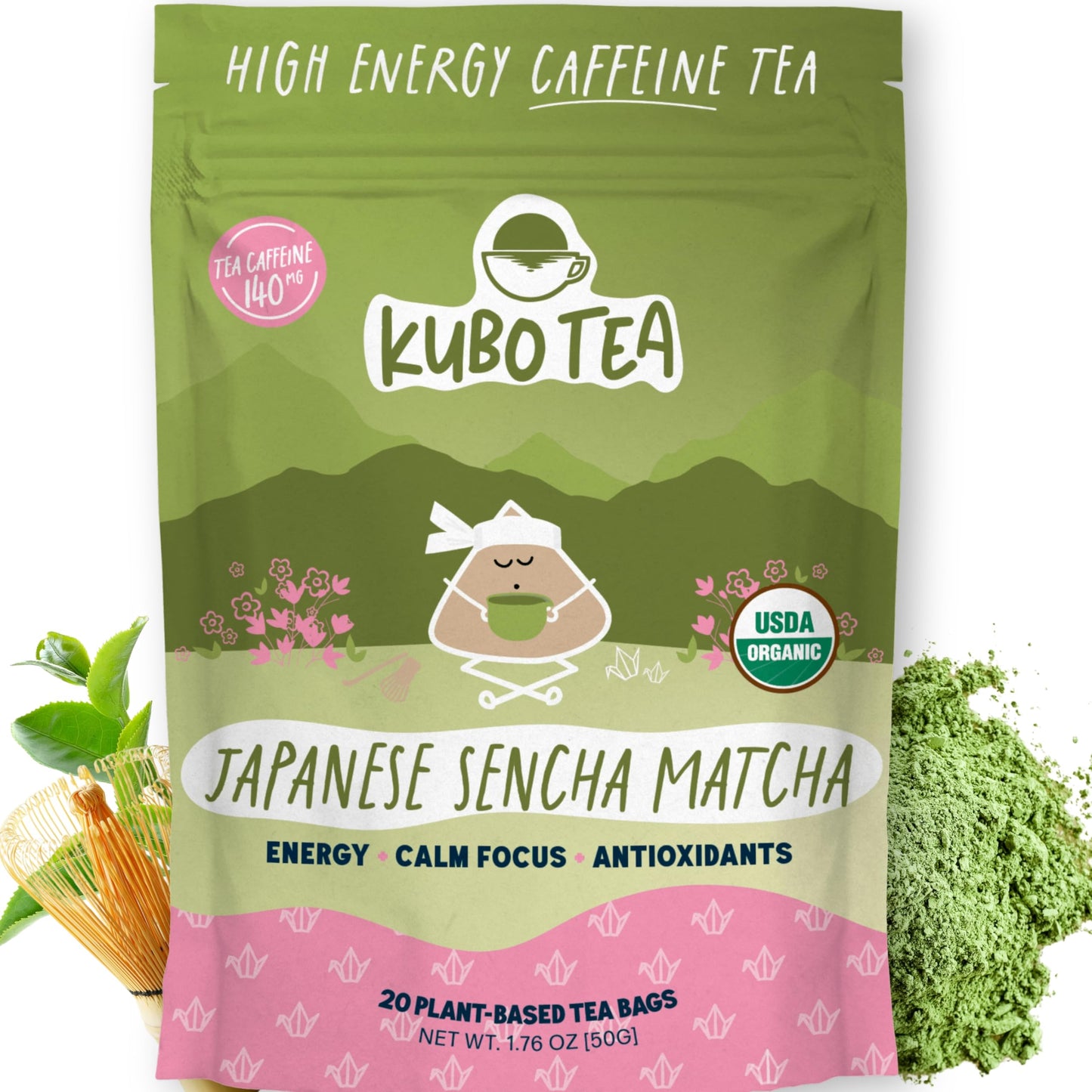 Kubo Japanese Matcha Tea Bags | Organic High Caffeine (140mg) Green Tea + Sencha & Matcha | 20 Pyramid Count | Caffeinated Tea for Clean Energy