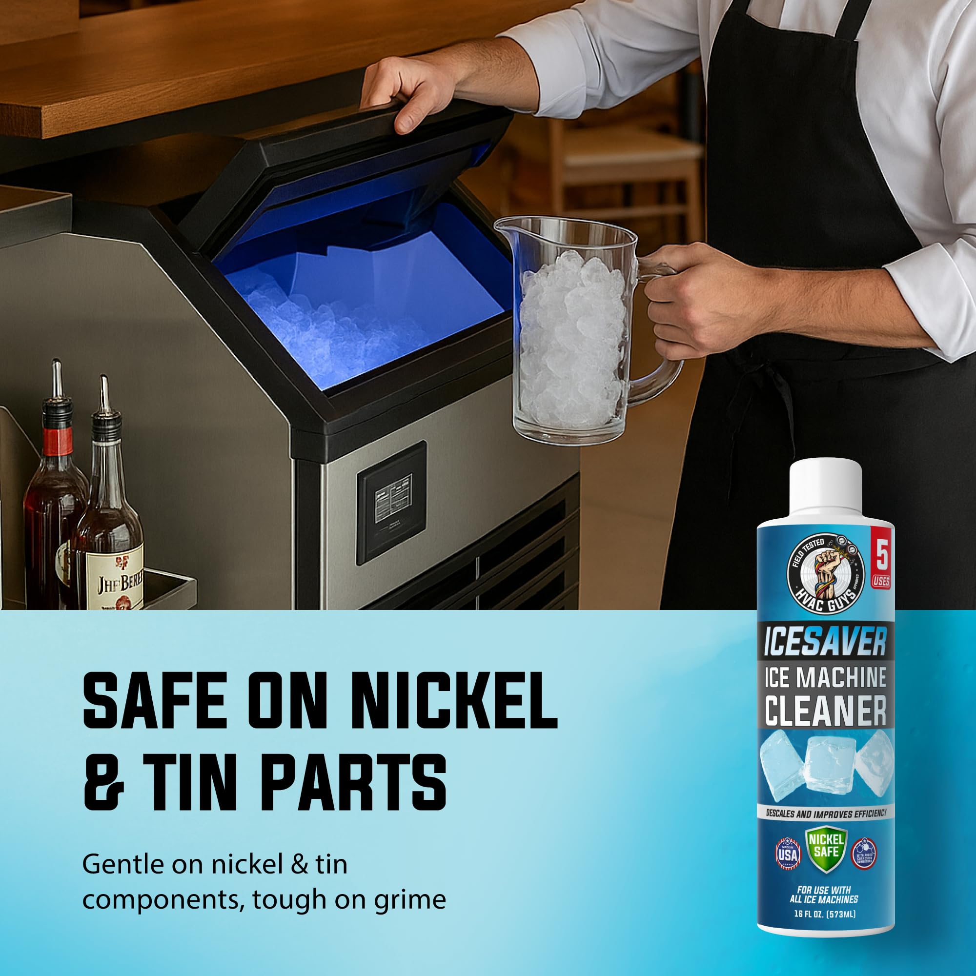 HVAC Guys Ice Machine Cleaner and Descaler 16oz (5 Uses) Removes Scale and Mineral Buildup for Clean, Fresh-Tasting Ice, Nickel and Tin Safe, Made in