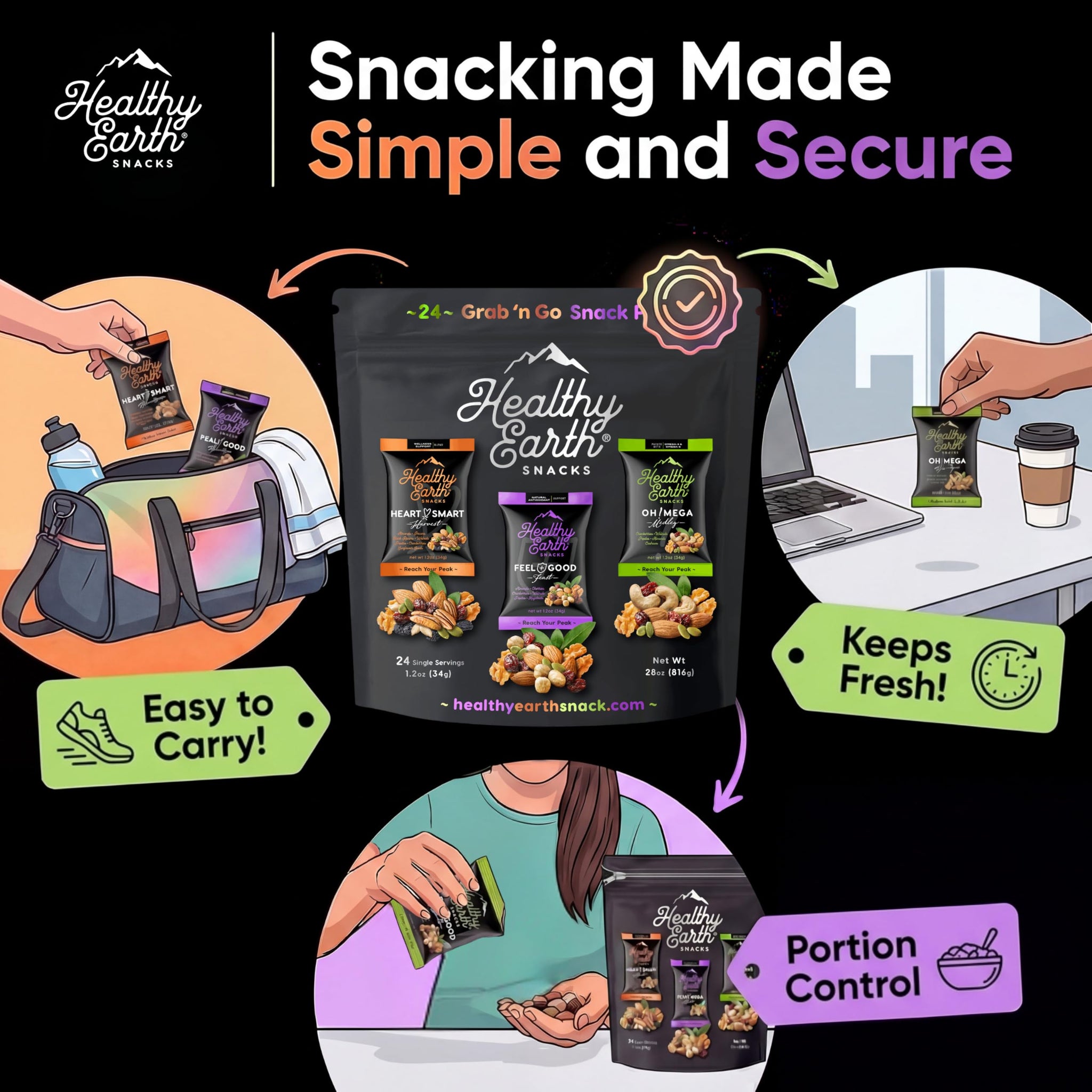Healthy Earth Snacks 3 Flavors Variety Pack, 24 Count | Mixed Nuts & Dried Fruits Gourmet Snacks, Gluten-Free | 8 Packets Per Flavor: Heart Smart