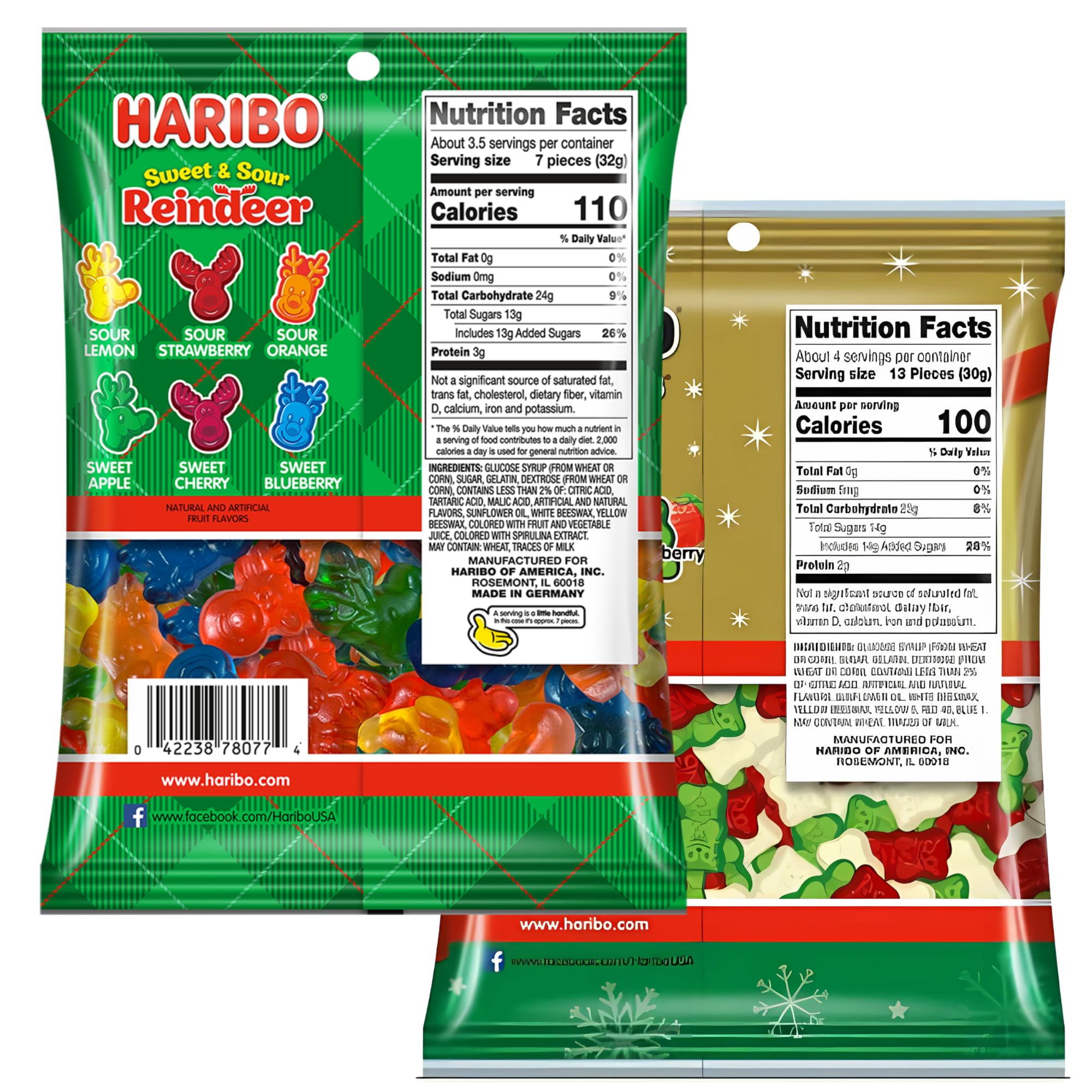 2 Christmas Gummy Bears, 2 Sweet and Sour Reindeer Gummies, Assorted Flavors, Sharable Bags, Sweet Christmas Treat, 4 Ounces (Pack of 4)