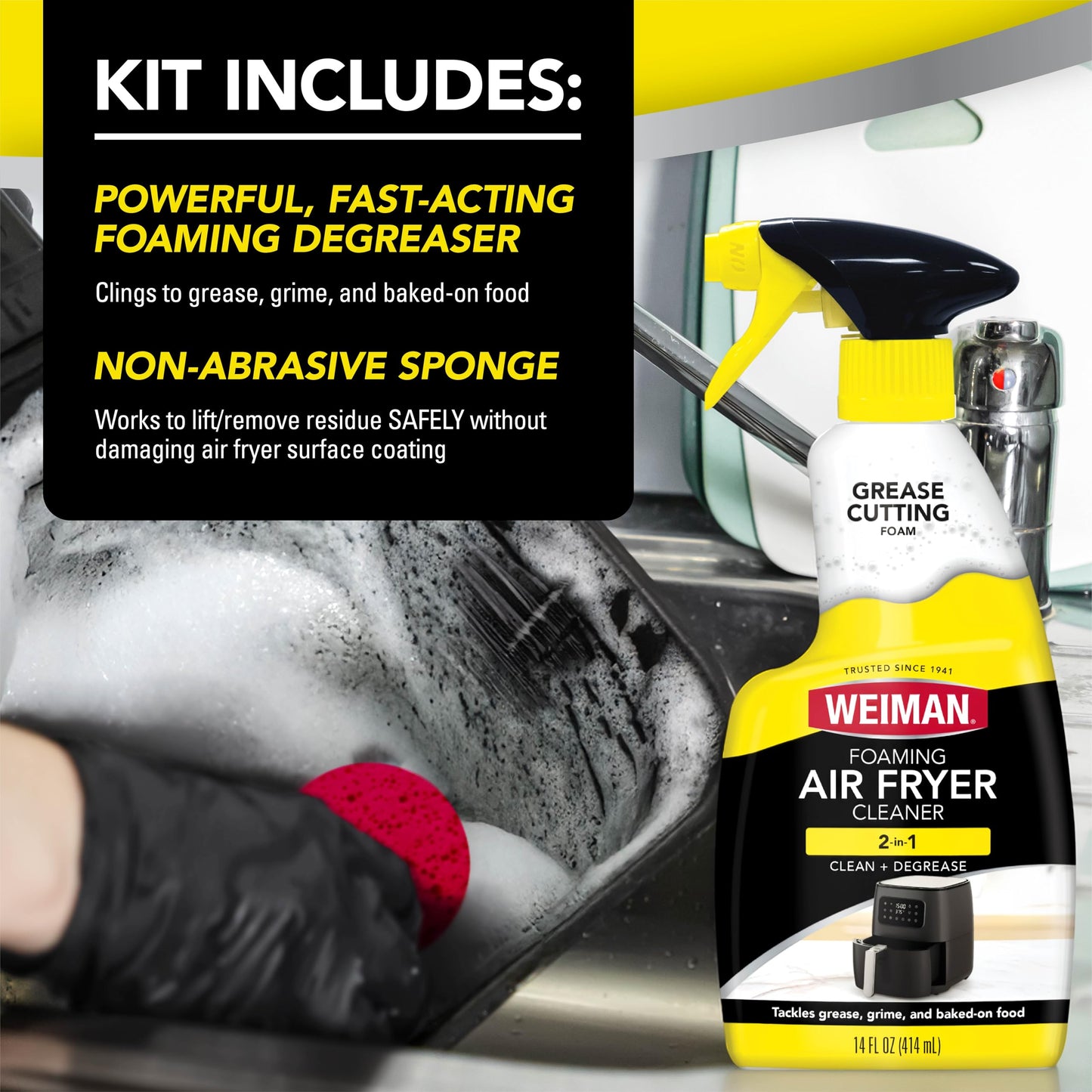 Weiman Foaming Air Fryer Cleaning Kit, Cleaner & Degreaser for Ceramic Baskets & Trays, Removes Grease, Grime, Oil & Baked-On Food, Includes