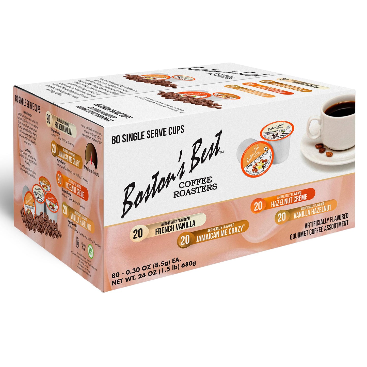 Boston’s Best Coffee Roasters Single Serve Cups - Assorted Coffee Pods - French Vanilla, Jamaican Me Crazy, Hazelnut Crème & Vanilla Hazelnut - 80 Ct