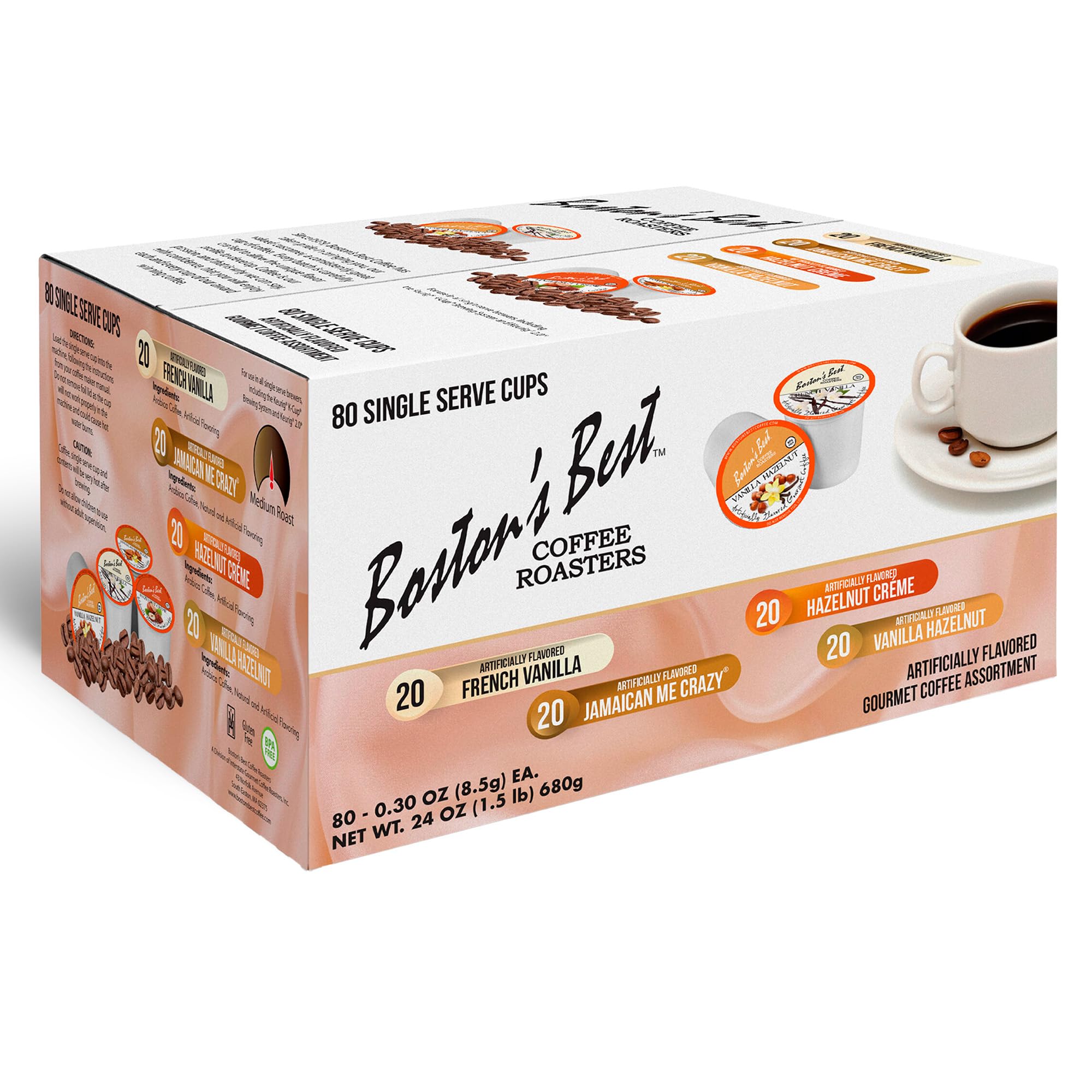 Boston’s Best Coffee Roasters Single Serve Cups - Assorted Coffee Pods - French Vanilla, Jamaican Me Crazy, Hazelnut Crème & Vanilla Hazelnut - 80 Ct