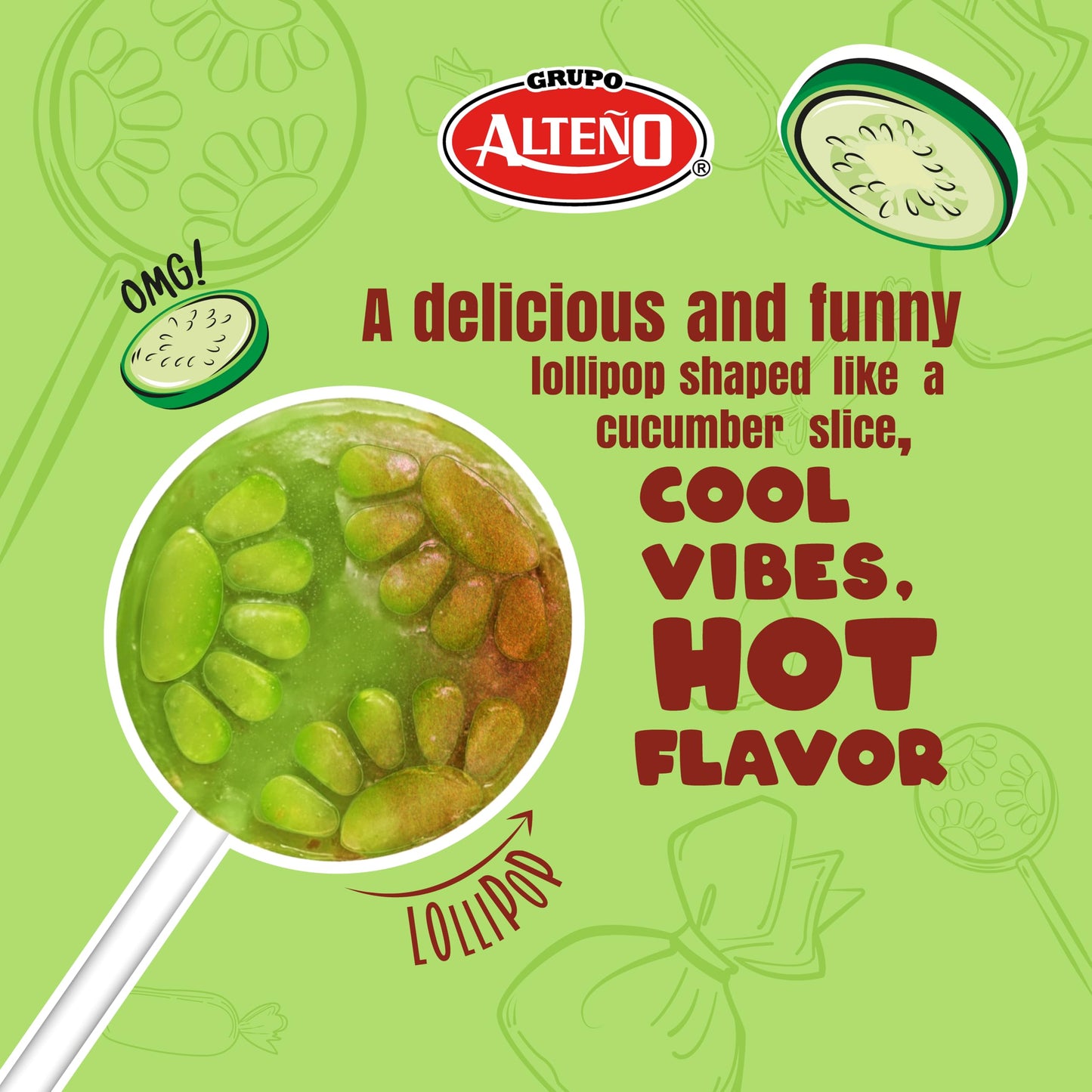Alteño (Alteno) Super Pepino Cucumber Chili Lollipops, Mexican Style Spicy Candy, Individually Wrapped, 40 Count