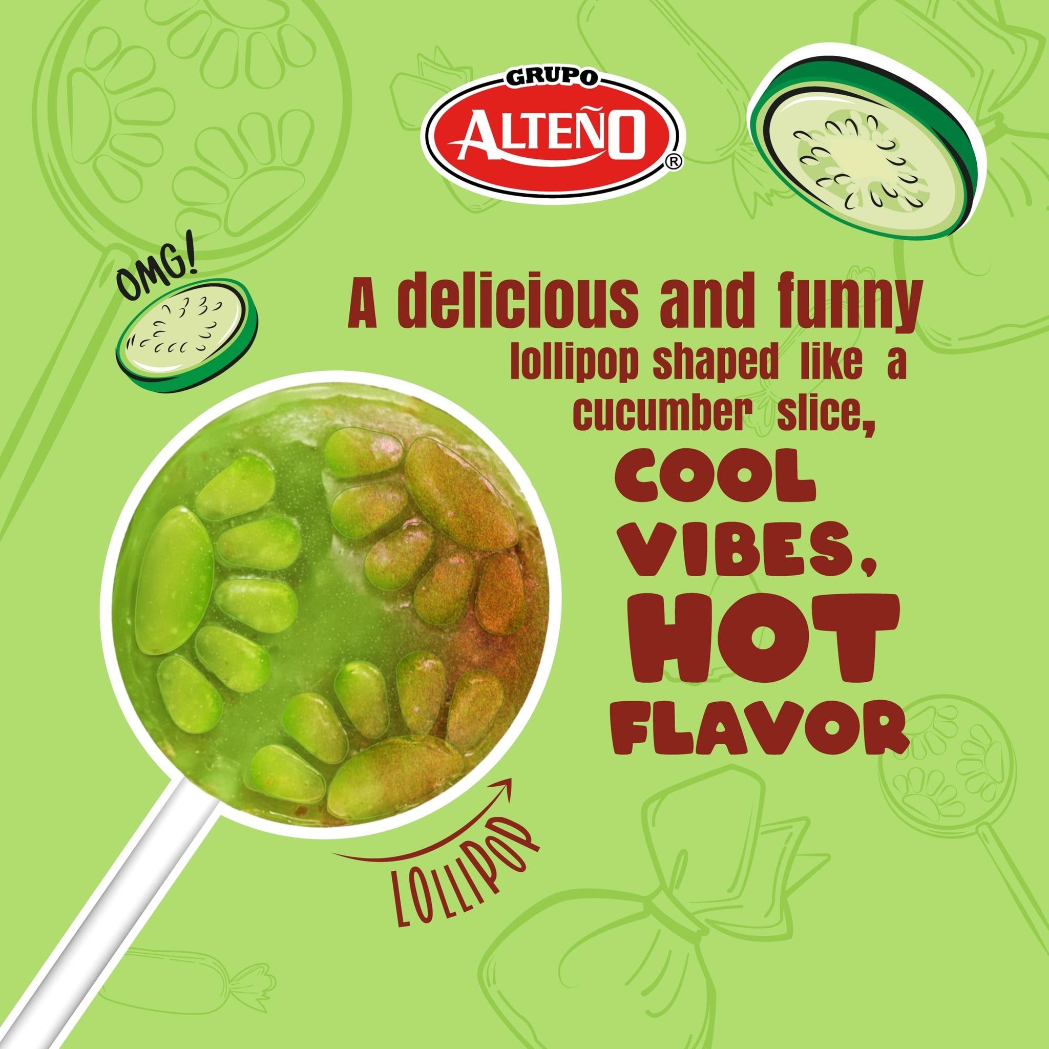 Alteño (Alteno) Super Pepino Cucumber Chili Lollipops, Mexican Style Spicy Candy, Individually Wrapped, 40 Count
