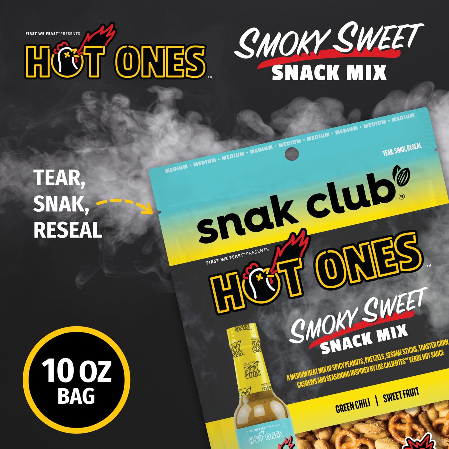 Snak Club x Hot Ones Snack Mix, Smoky Sweet, Spicy Snacks with Peanuts, Pretzels, Sesame Sticks, Toasted Corn, Cashews, Inspired by Hot Ones, Vegan