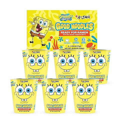 A-Sha & SpongeBob Squarepants Good Noodles (6 Pack) | Ready for Ramen (Mildly Spicy Flavor) | Rich and Creamy Tonkotsu Broth | Better For Your