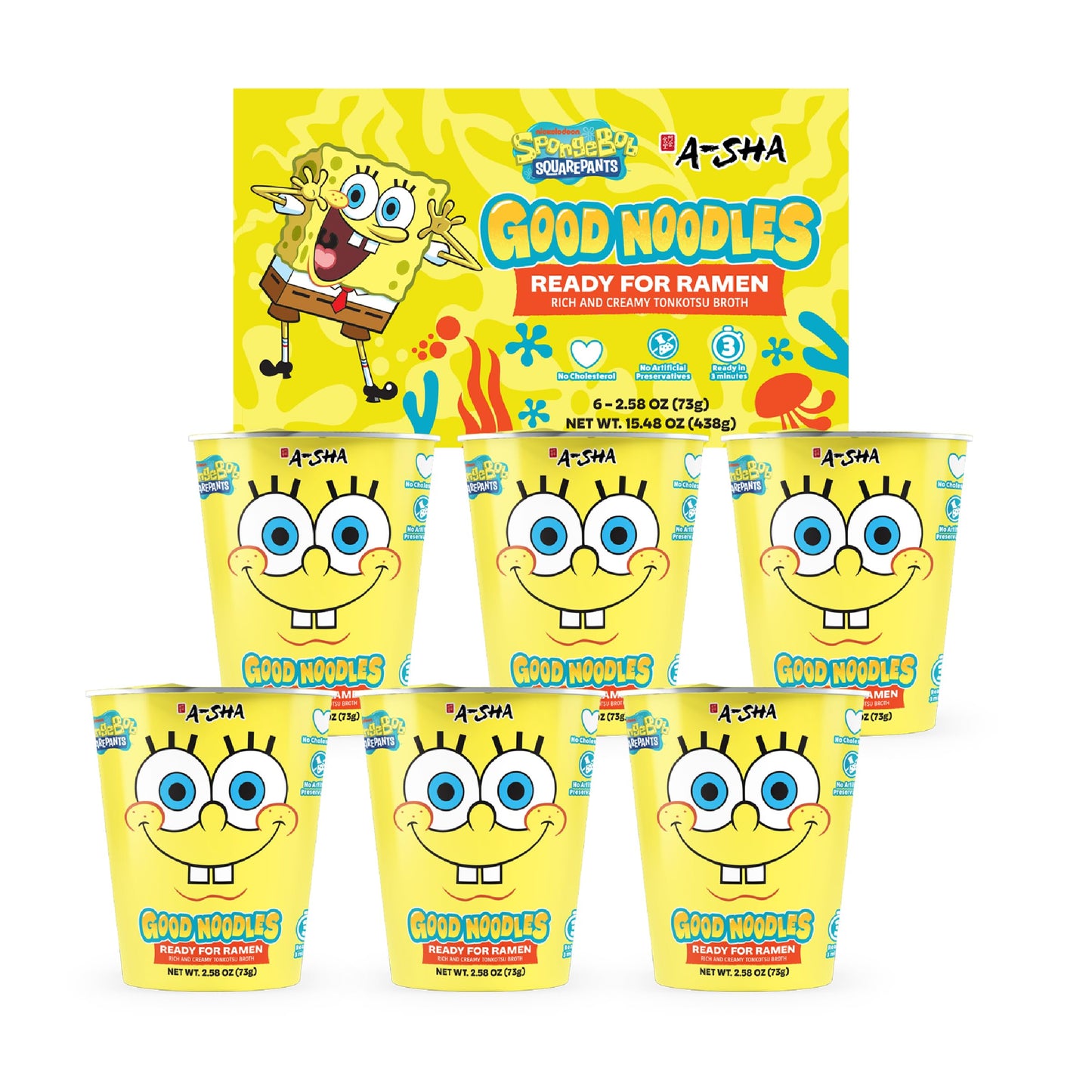A-Sha & SpongeBob Squarepants Good Noodles (6 Pack) | Ready for Ramen (Mildly Spicy Flavor) | Rich and Creamy Tonkotsu Broth | Better For Your