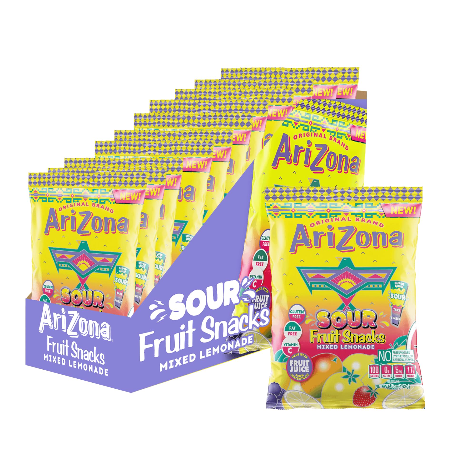 AriZona Sour Lemonade Fruit Snacks - NEW - 5 Ounce Bags (Pack of 12) - Gluten Free - Gummy Chews