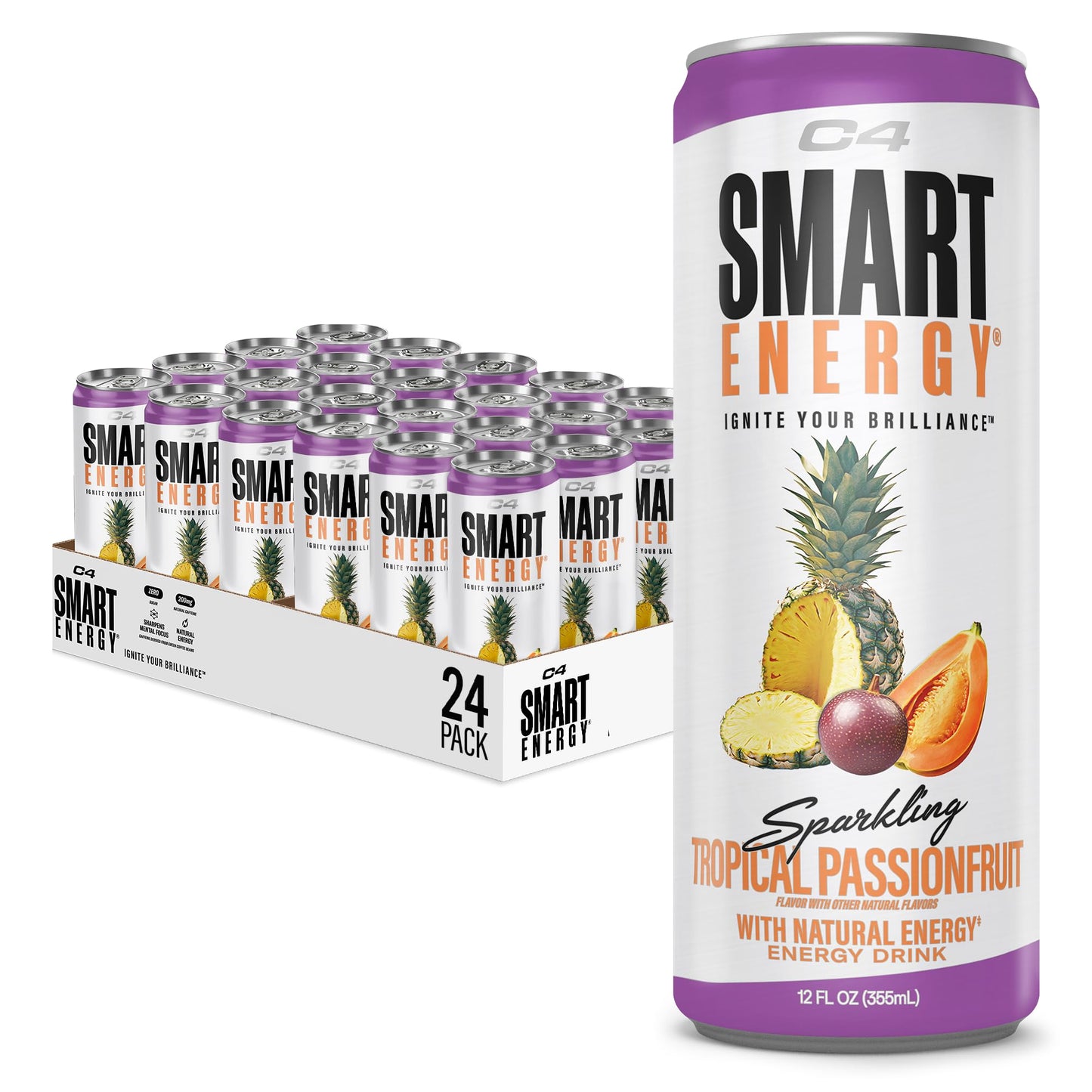 C4 Smart Energy Drink - Sugar Free Performance Fuel & Nootropic Brain Booster, Coffee Substitute or Alternative | Tropical Passionfruit 12 Oz - 24