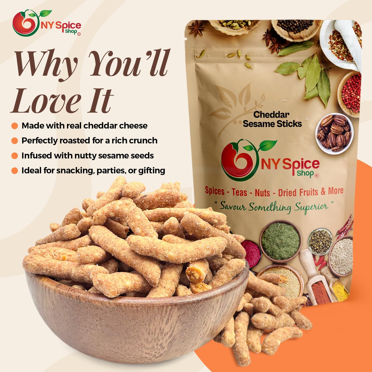 NY Spice Shop Cheddar Sticks - 5 Pound Fresh Sesame Sticks Cheddar Snack Mix - Crunchy Cheddar Sesame Savory Snack Bites Crisp Texture - Everyday