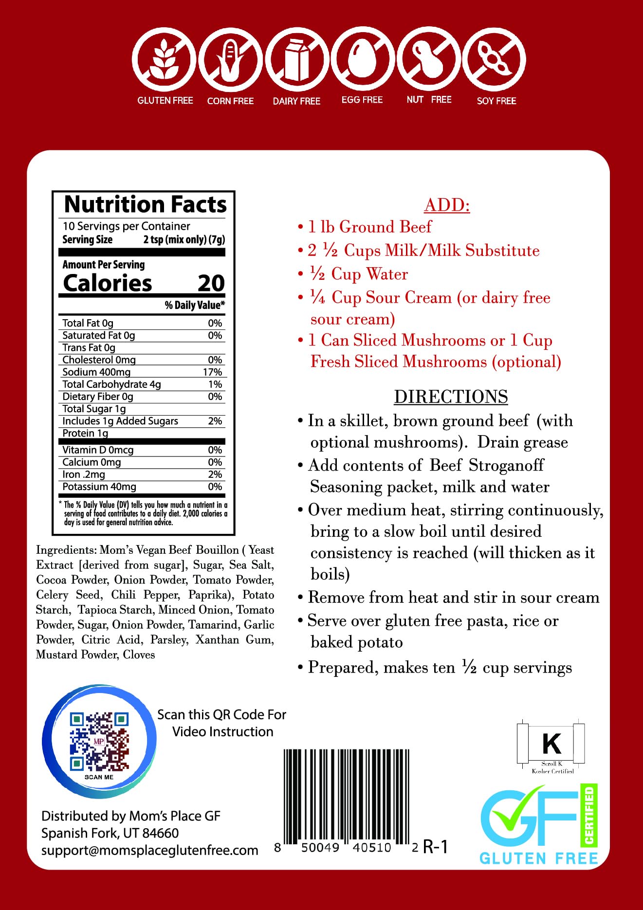 Mom’s Place Gluten-Free Beef Stroganoff Seasoning Mix - Vegan & Kosher - Dairy Free, Nut Free, Soy Free & Corn Free, 2.6 oz, 10 Servings
