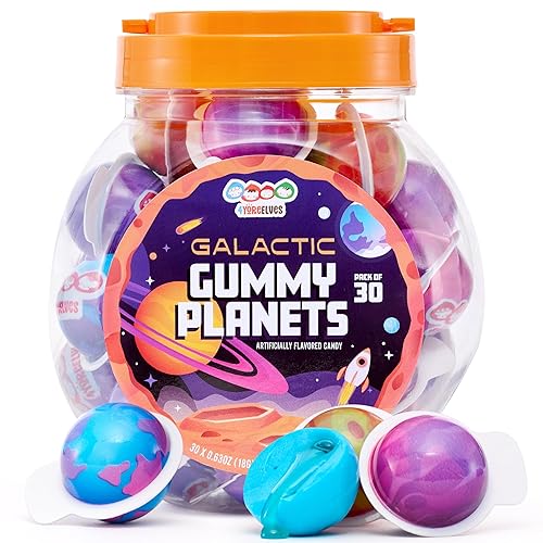 30 Planet Gummies, Novelty Space Candy with Jelly Filling, Individually Wrapped Blueberry Flavored Gummy Balls, By 4YoreElves (19 oz)